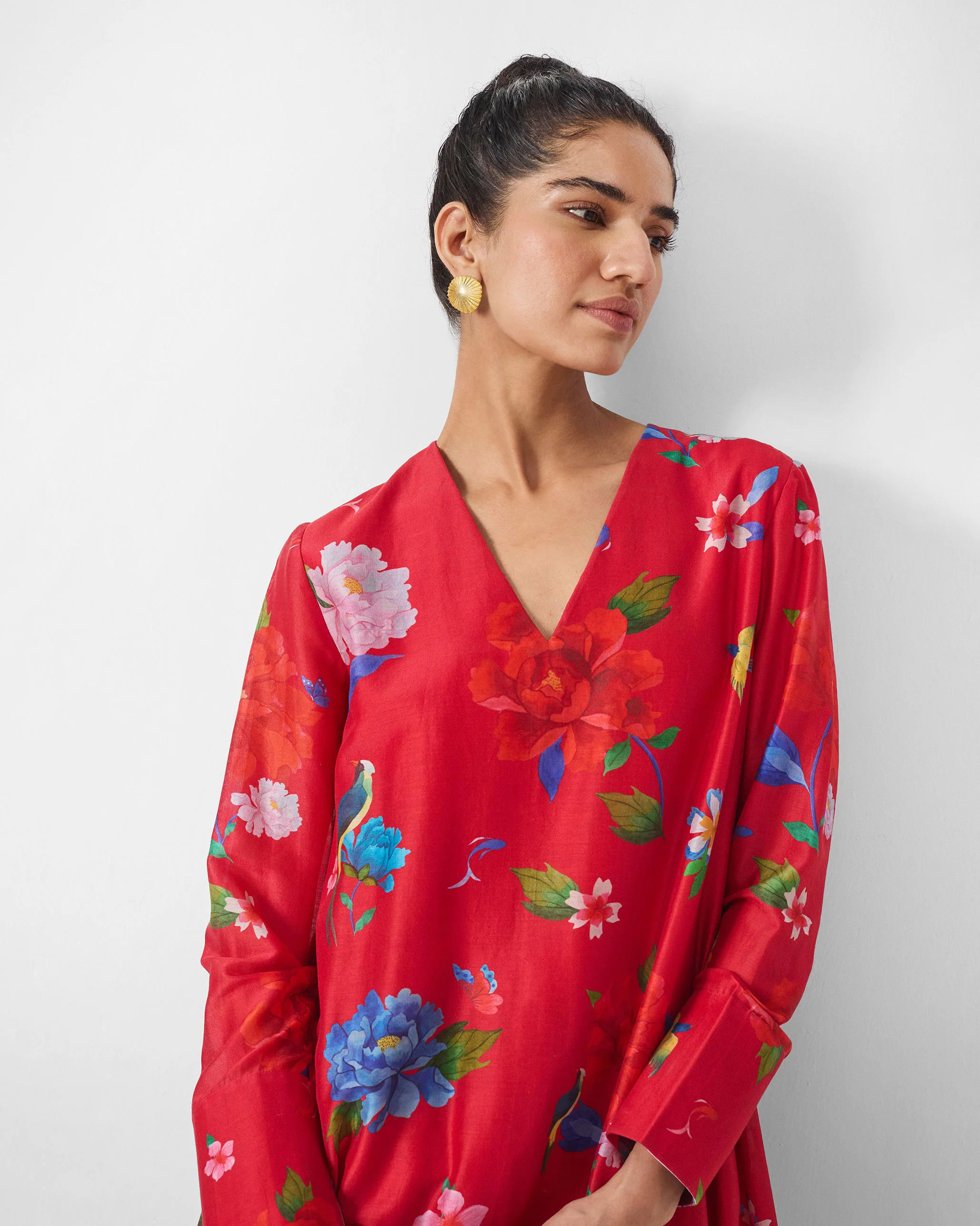 V-Neck Flared Kurta - Red Print - Image 4