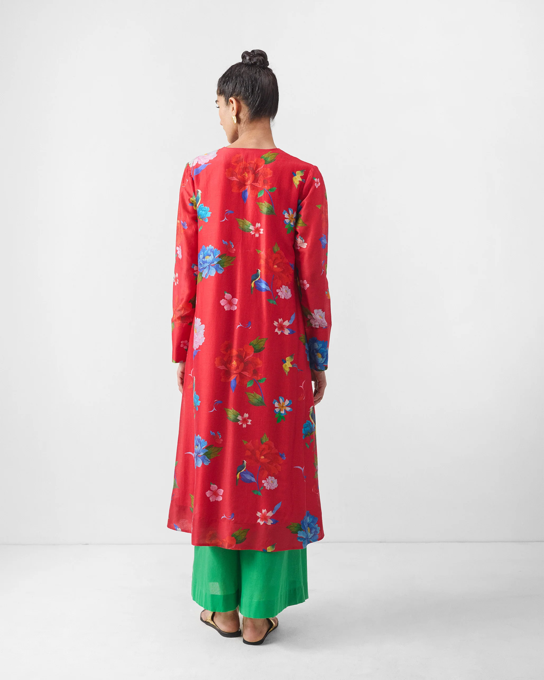 V-Neck Flared Kurta - Red Print - Image 5
