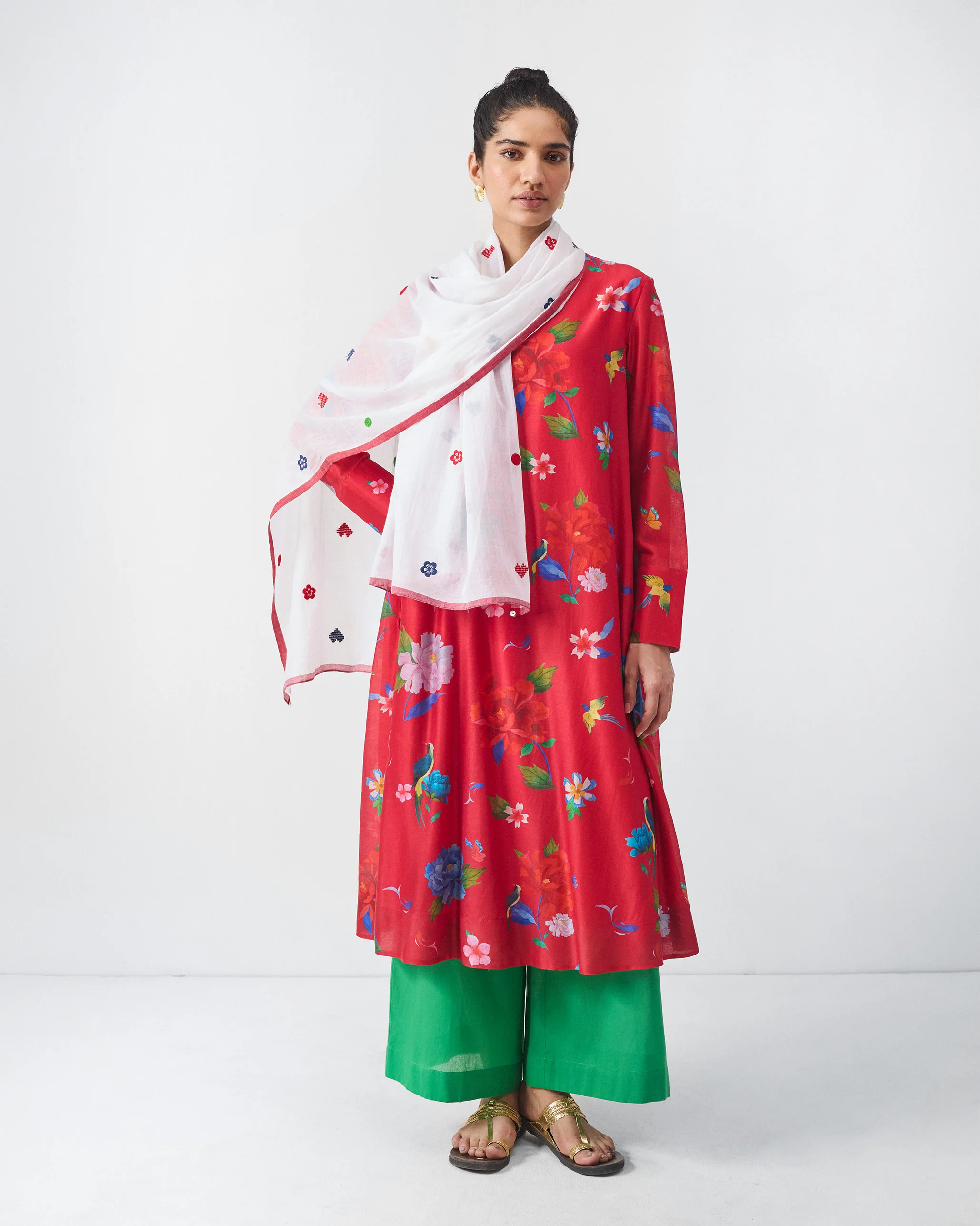 V-Neck Flared Kurta - Red Print - Image 6