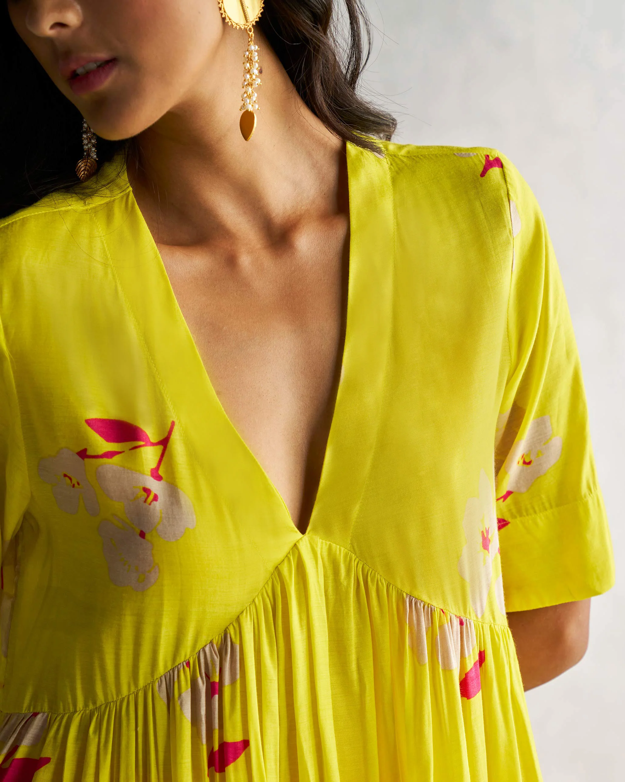 V-Neck Gathered Kurta - Lime - Image 2