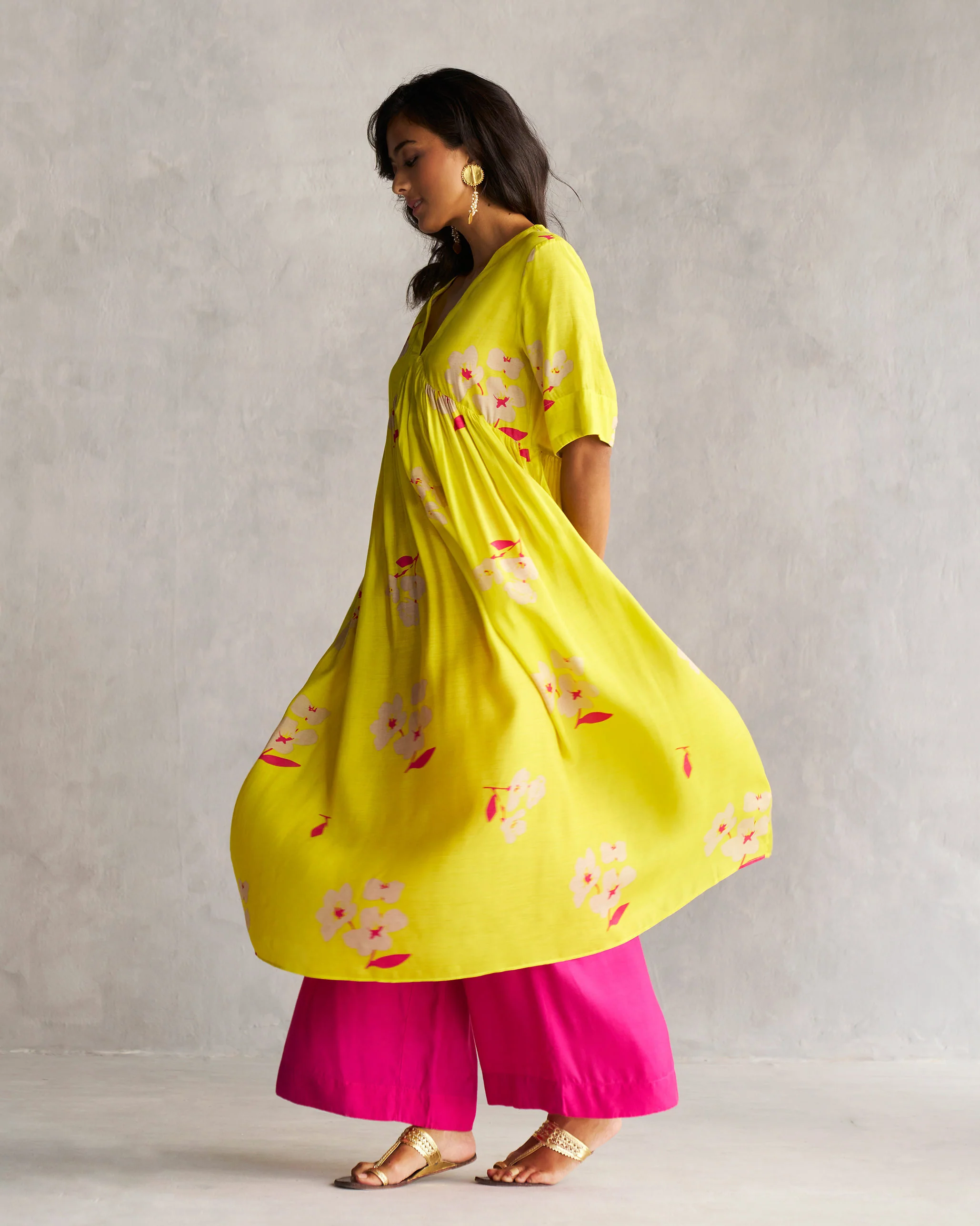 V-Neck Gathered Kurta - Lime - Image 4