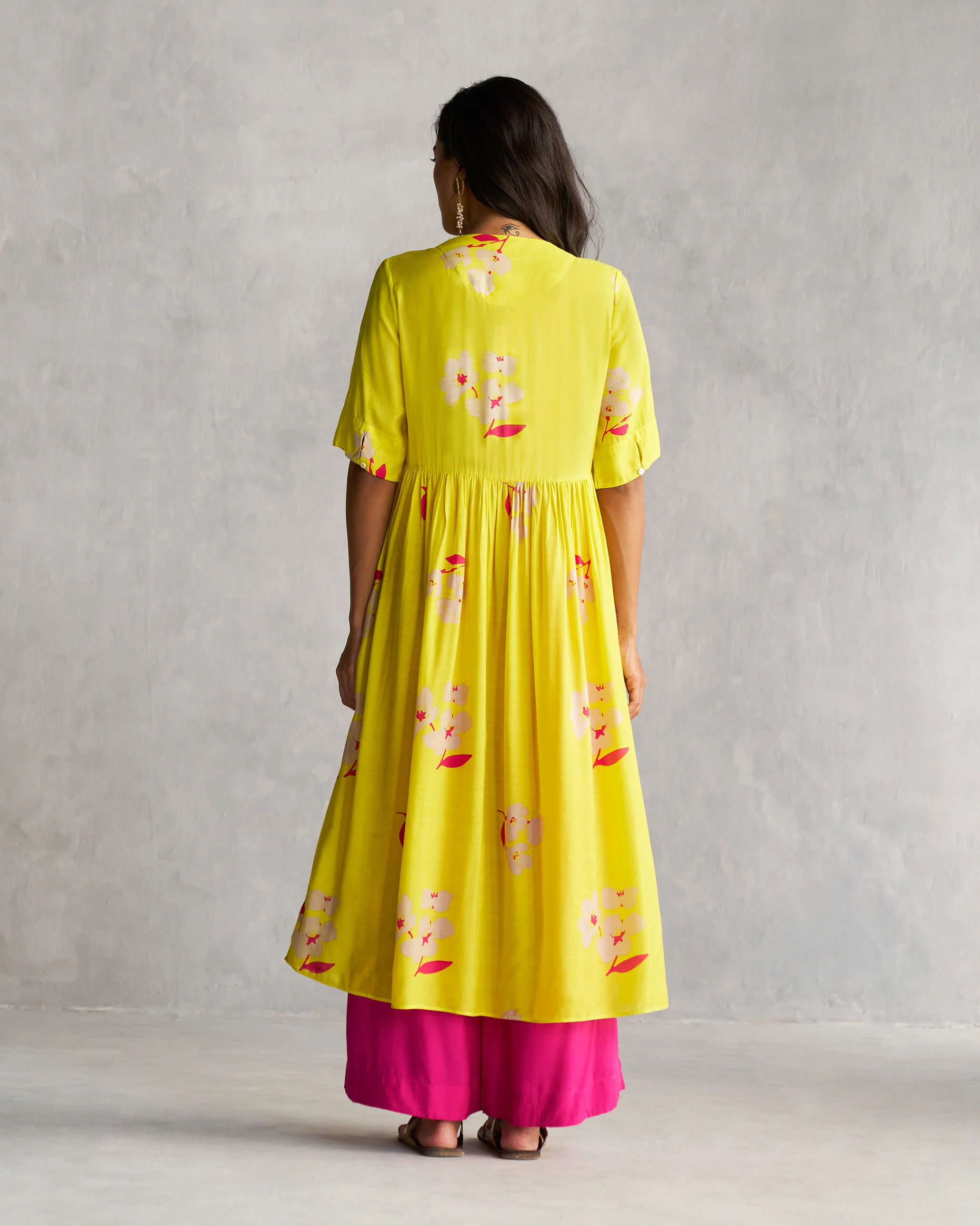 V-Neck Gathered Kurta - Lime - Image 5