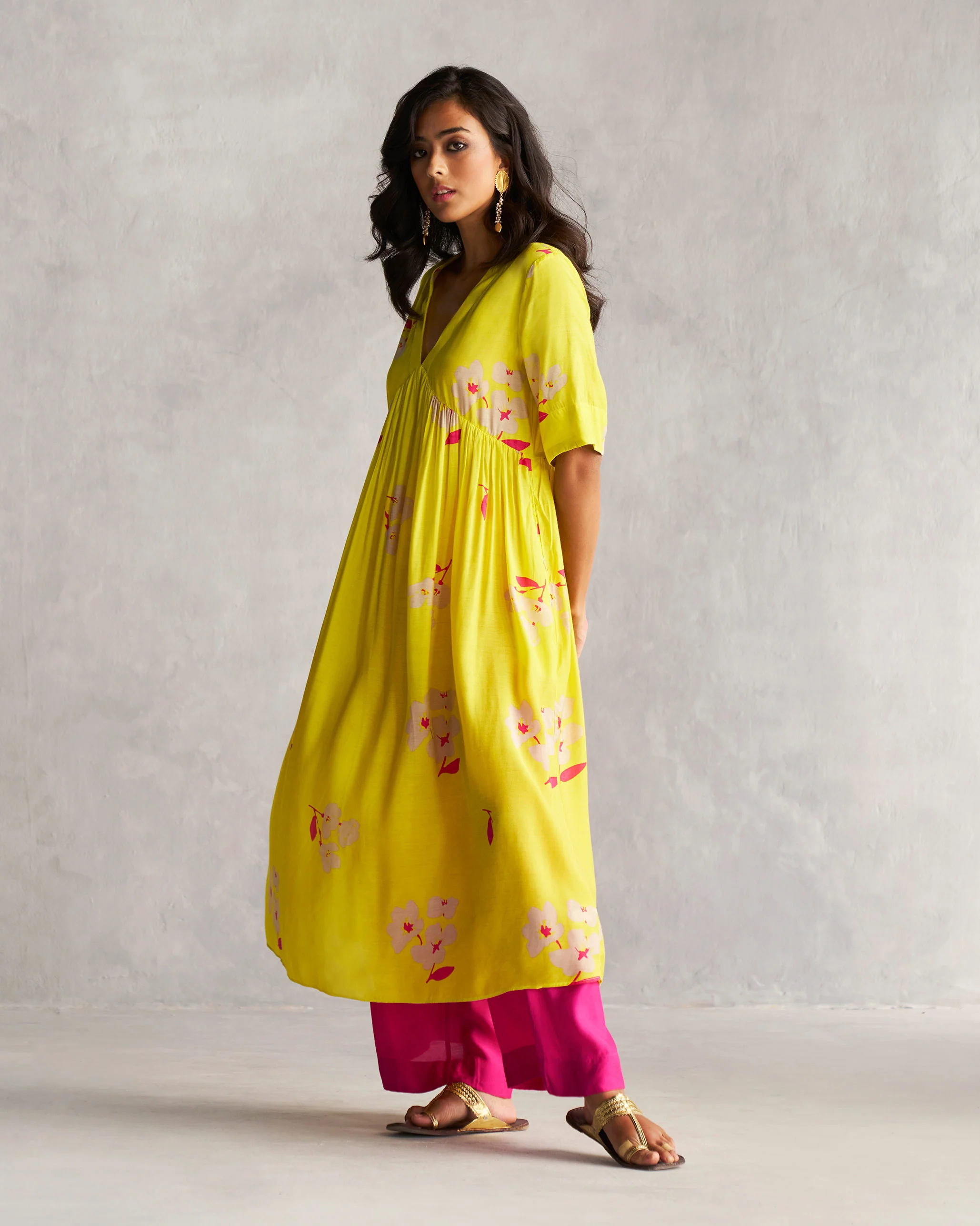 V-Neck Gathered Kurta - Lime - Image 6