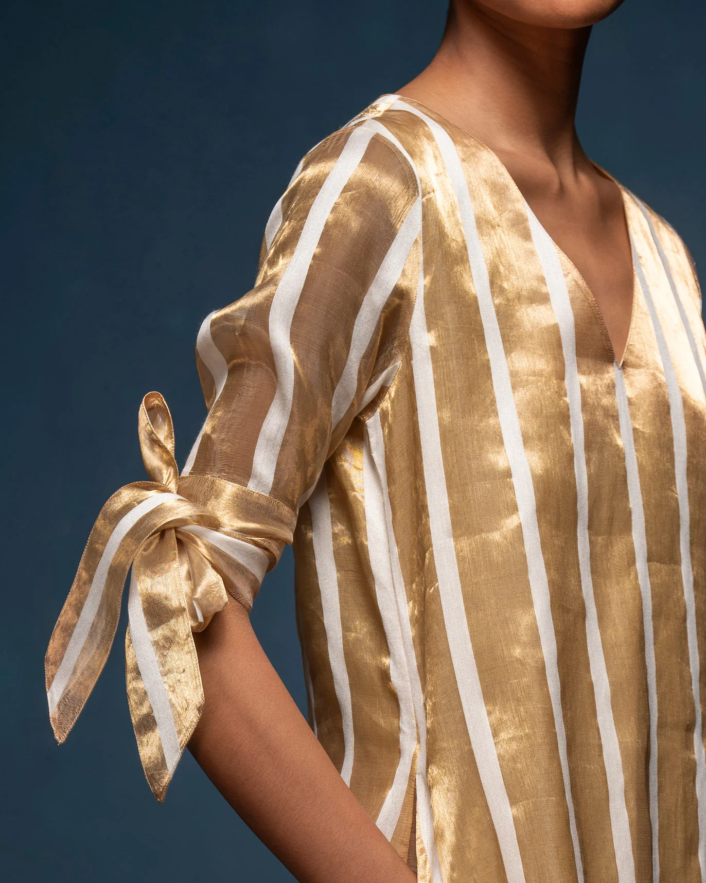 V-Neck Shift Dress - Ivory & Gold Stripes - Image 2