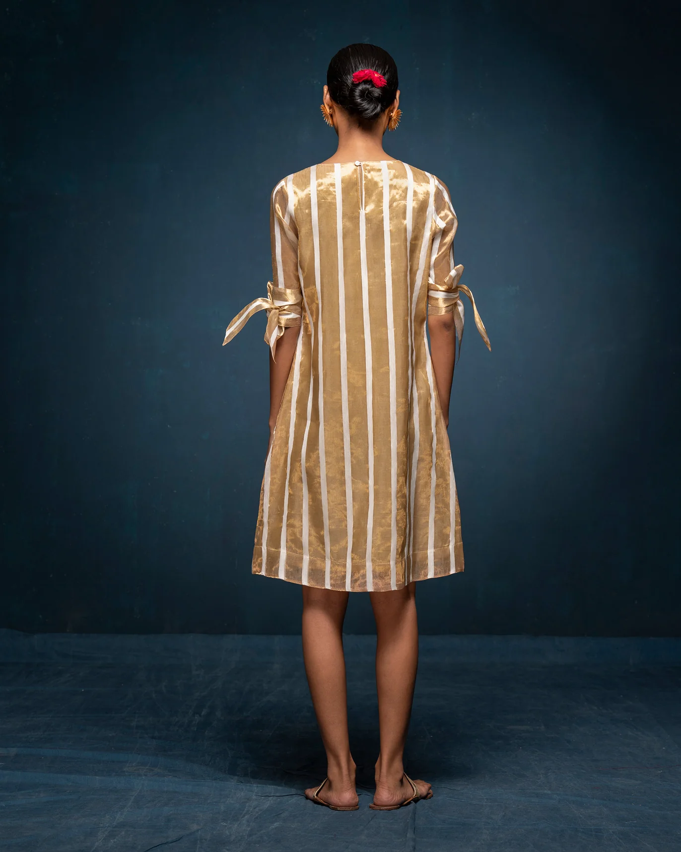 V-Neck Shift Dress - Ivory & Gold Stripes - Image 4