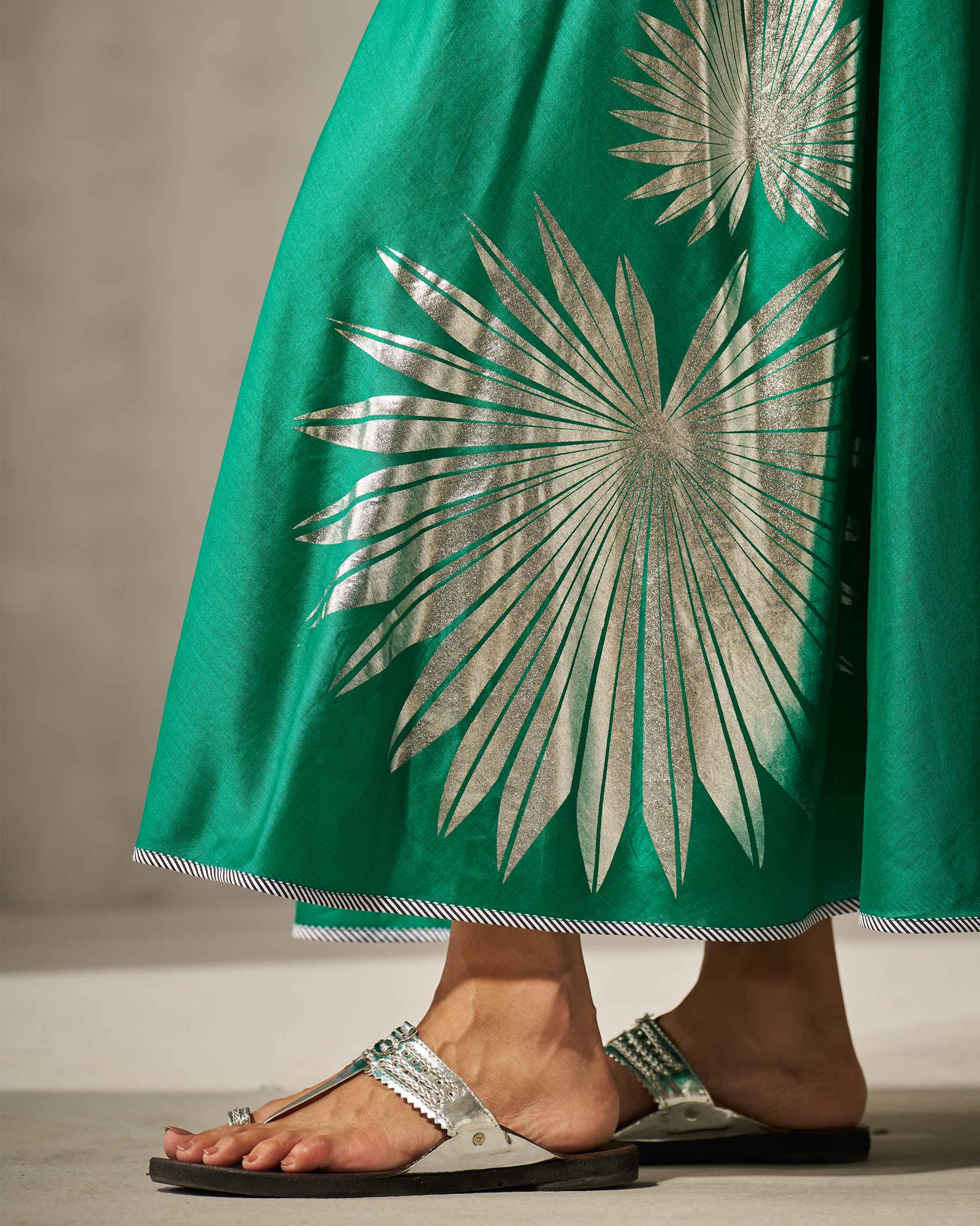 V-Neck Strappy Dress - Green & Silver Foil Print - Image 2
