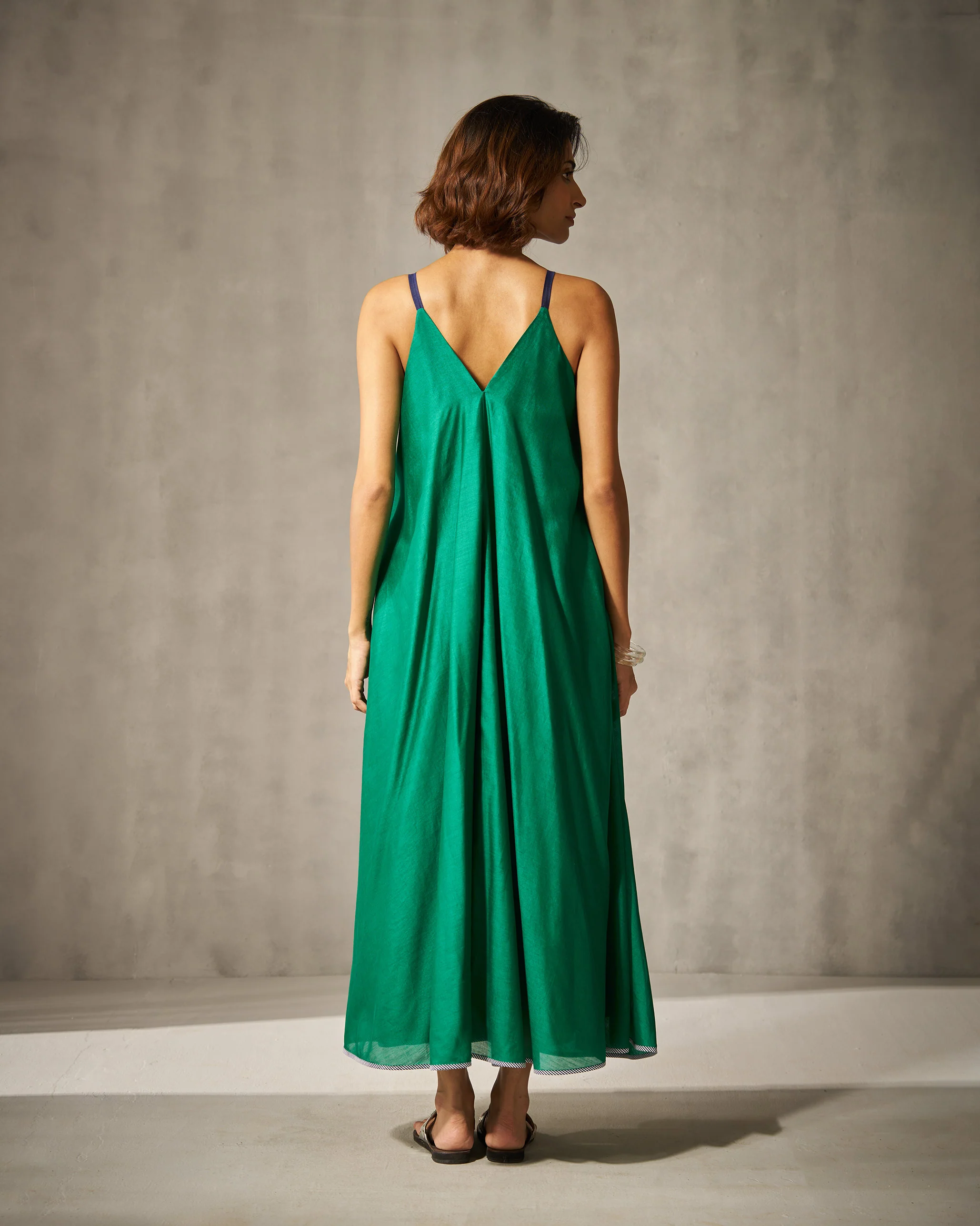 V-Neck Strappy Dress - Green & Silver Foil Print - Image 3