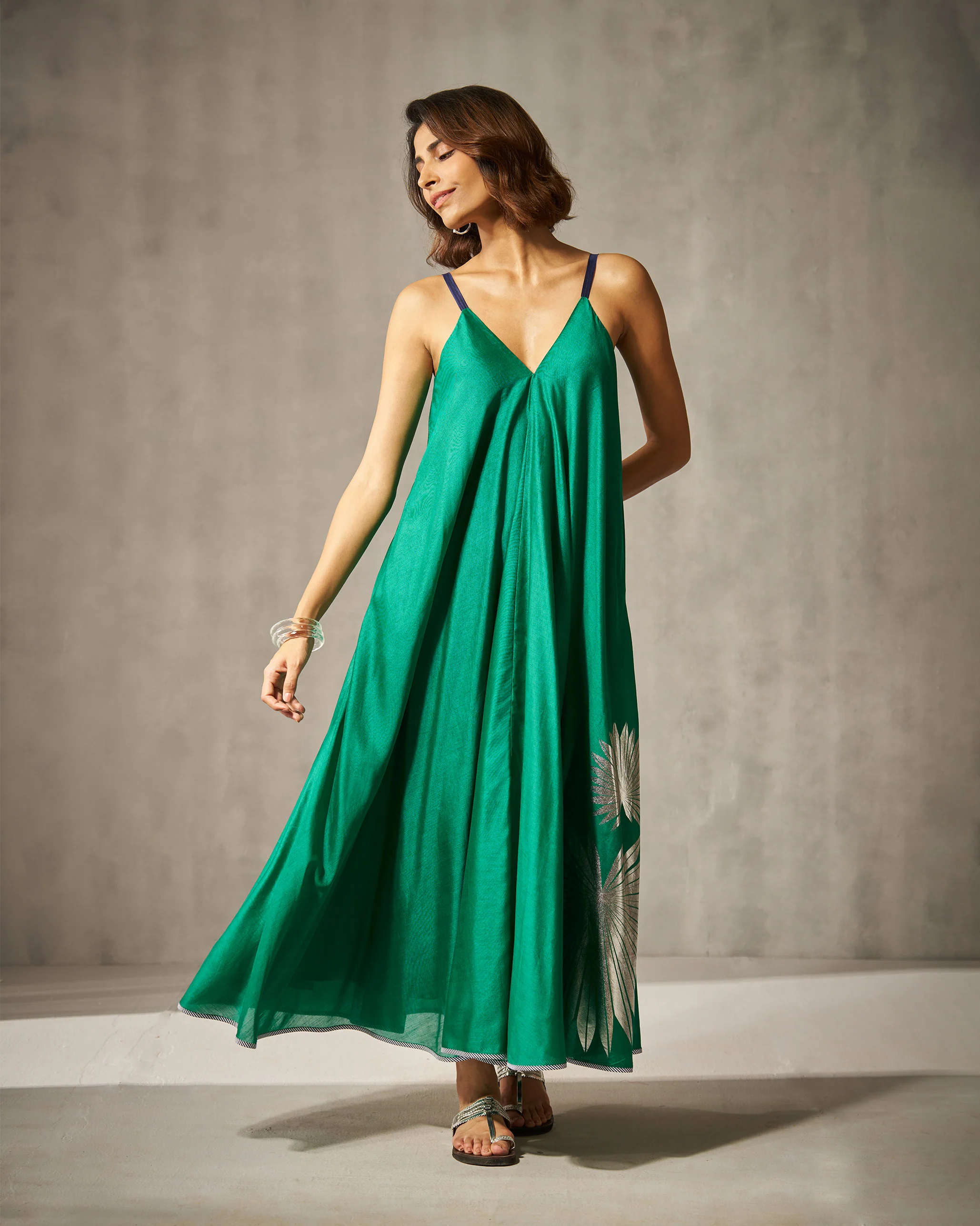 V-Neck Strappy Dress - Green & Silver Foil Print - Image 4