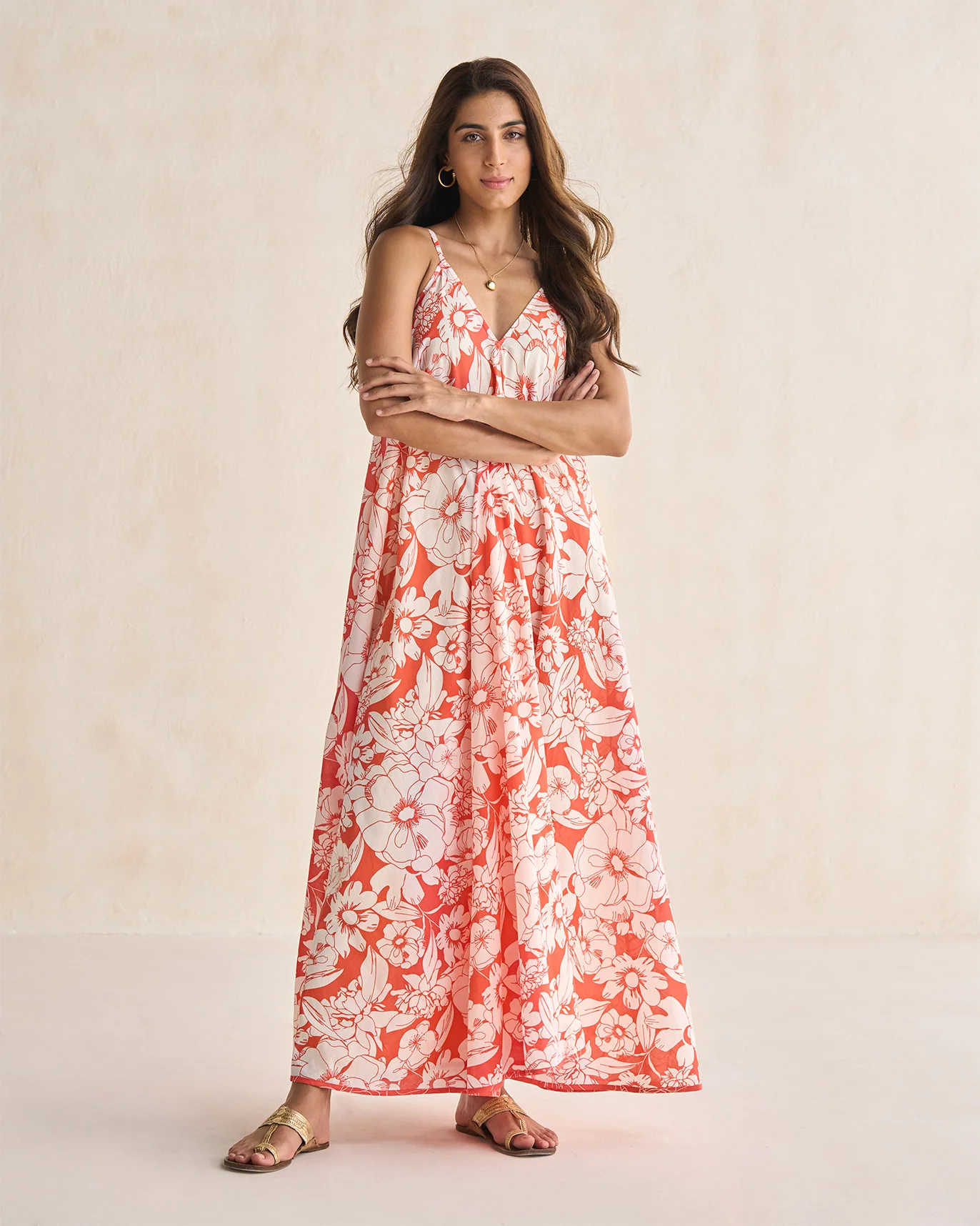 V-Neck Strappy Dress - Ivory & Coral - Image 4