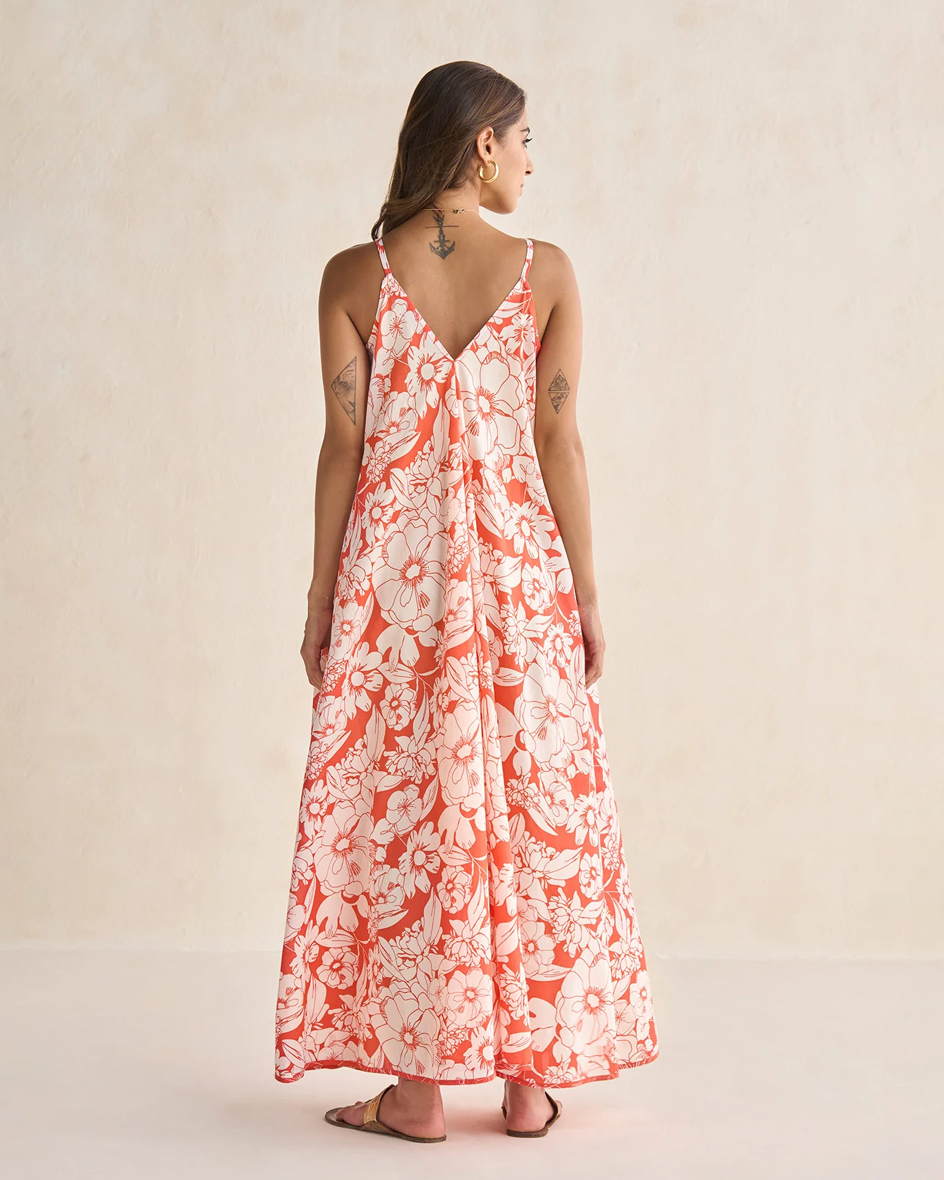 V-Neck Strappy Dress - Ivory & Coral - Image 5