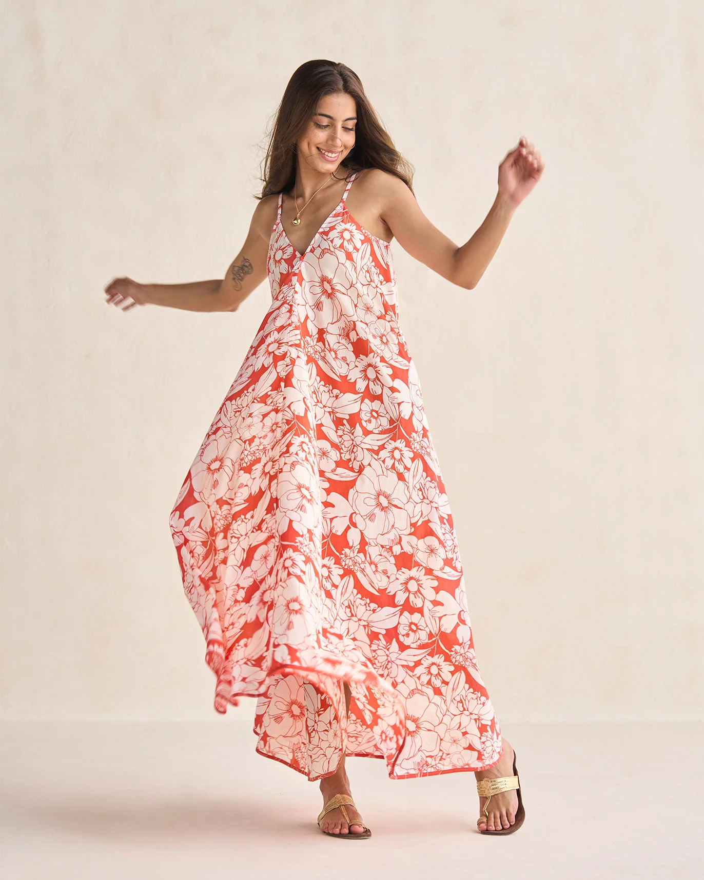 V-Neck Strappy Dress - Ivory & Coral - Image 6