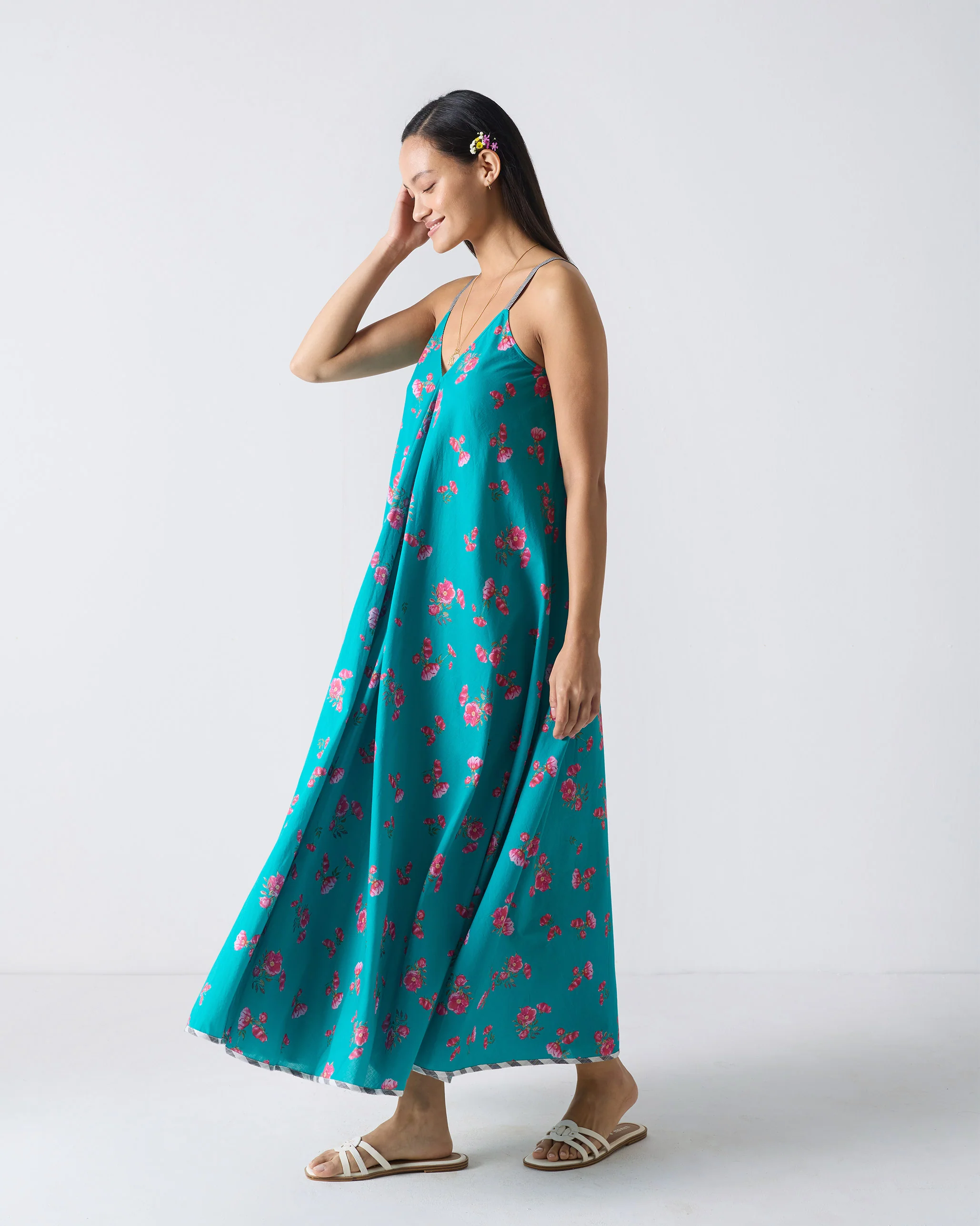 V-Neck Strappy Dress - Teal & Fuchsia Print - Image 2