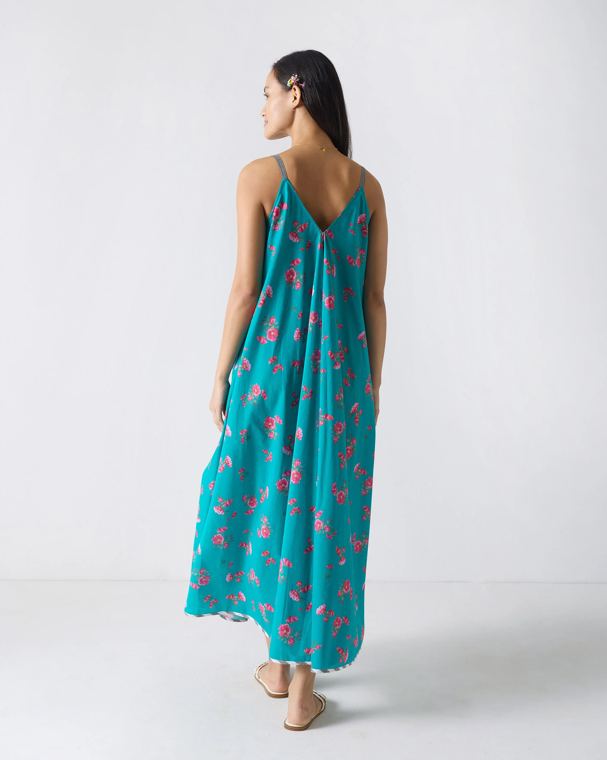 V-Neck Strappy Dress - Teal & Fuchsia Print - Image 4