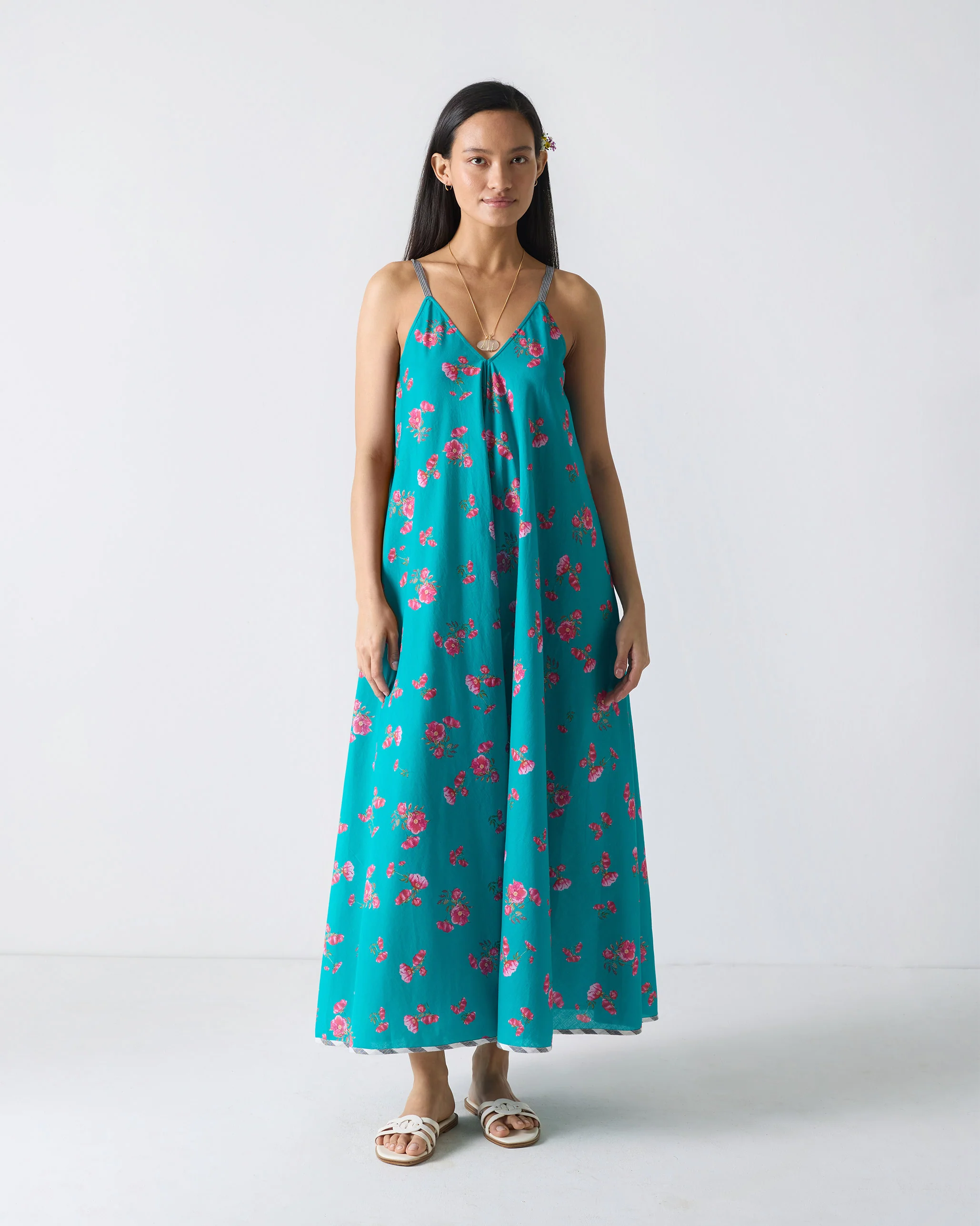 V-Neck Strappy Dress - Teal & Fuchsia Print - Image 5