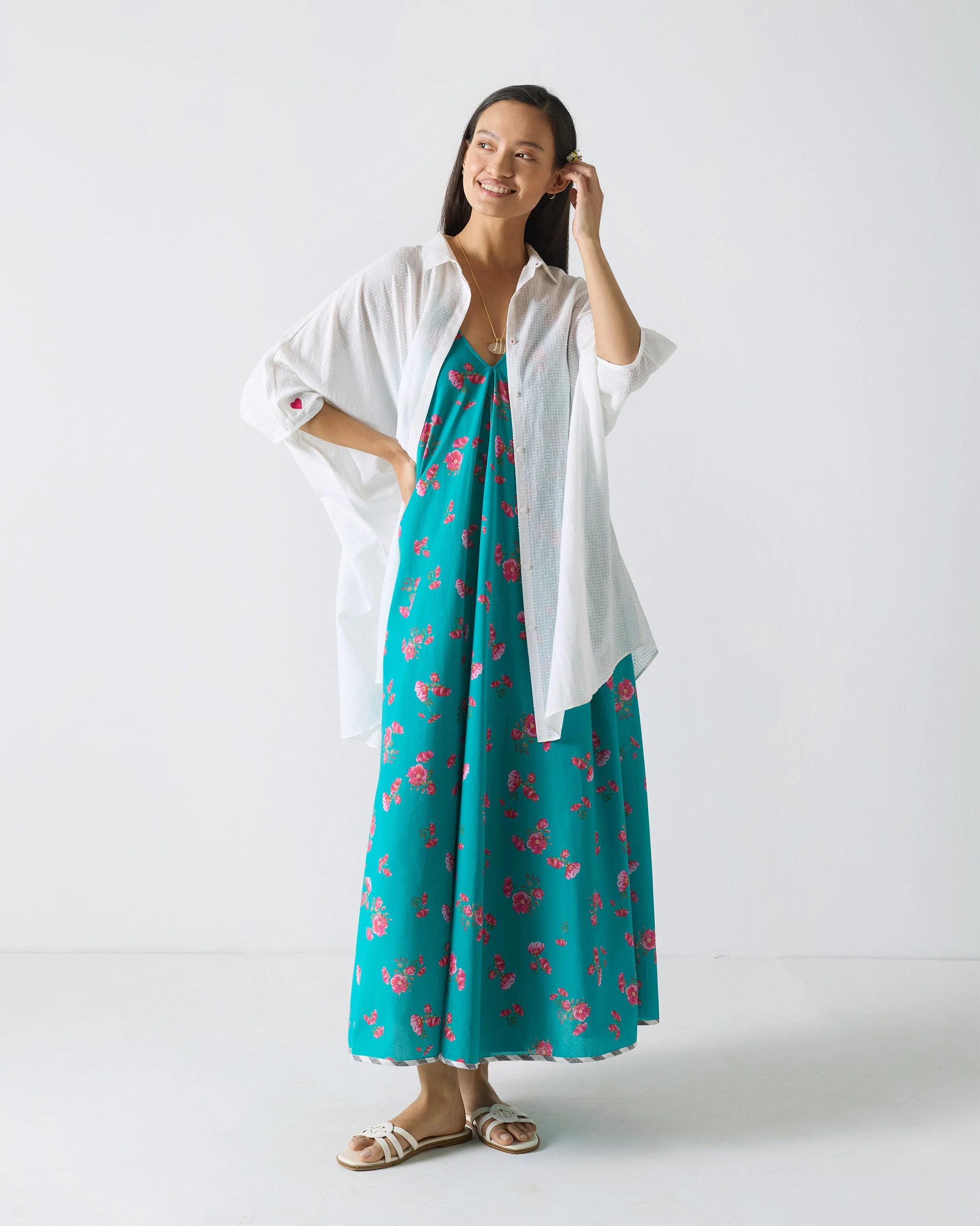 V-Neck Strappy Dress - Teal & Fuchsia Print - Image 6