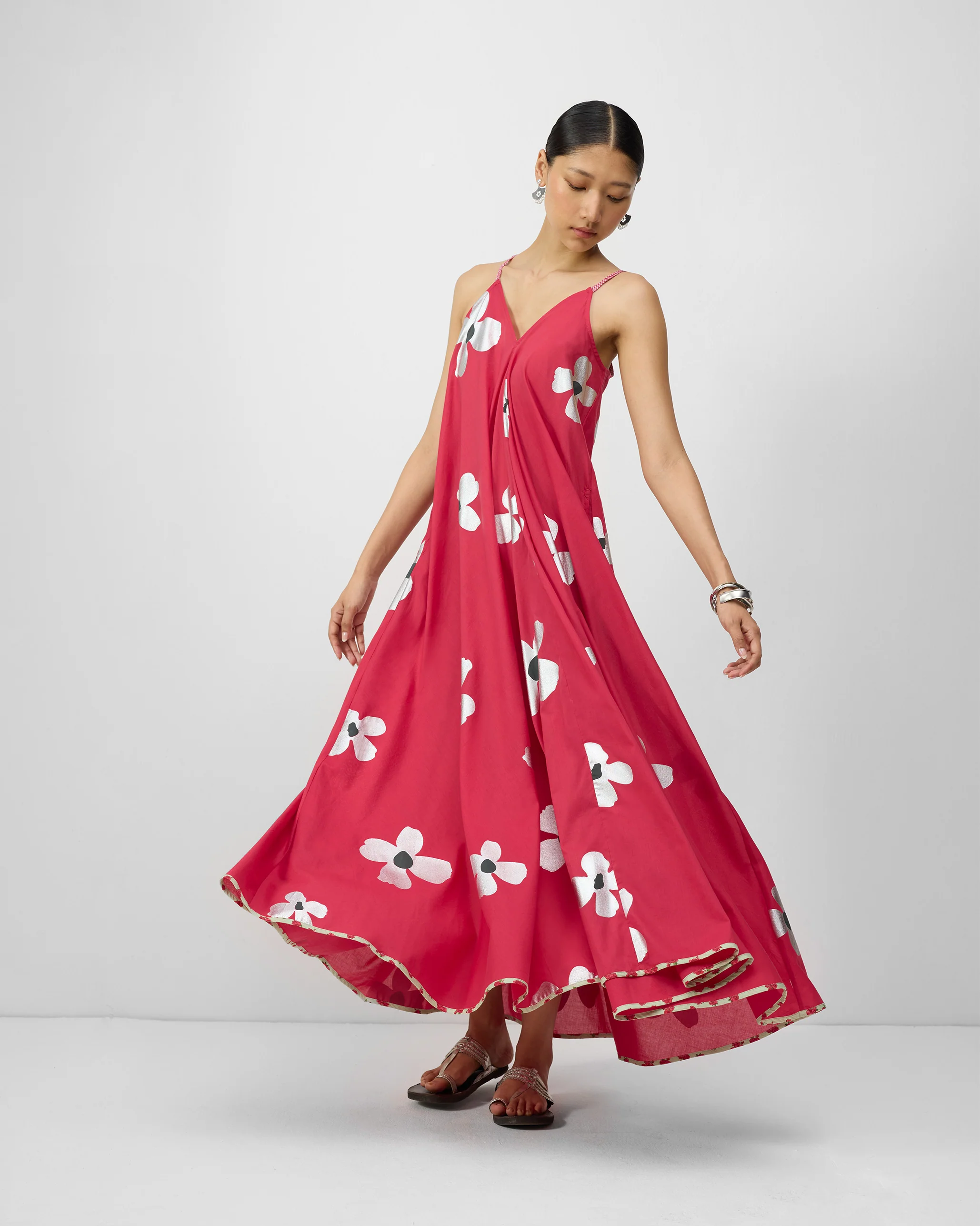 V-Neck Strappy Dress - Watermelon & Silver Print - Image 4