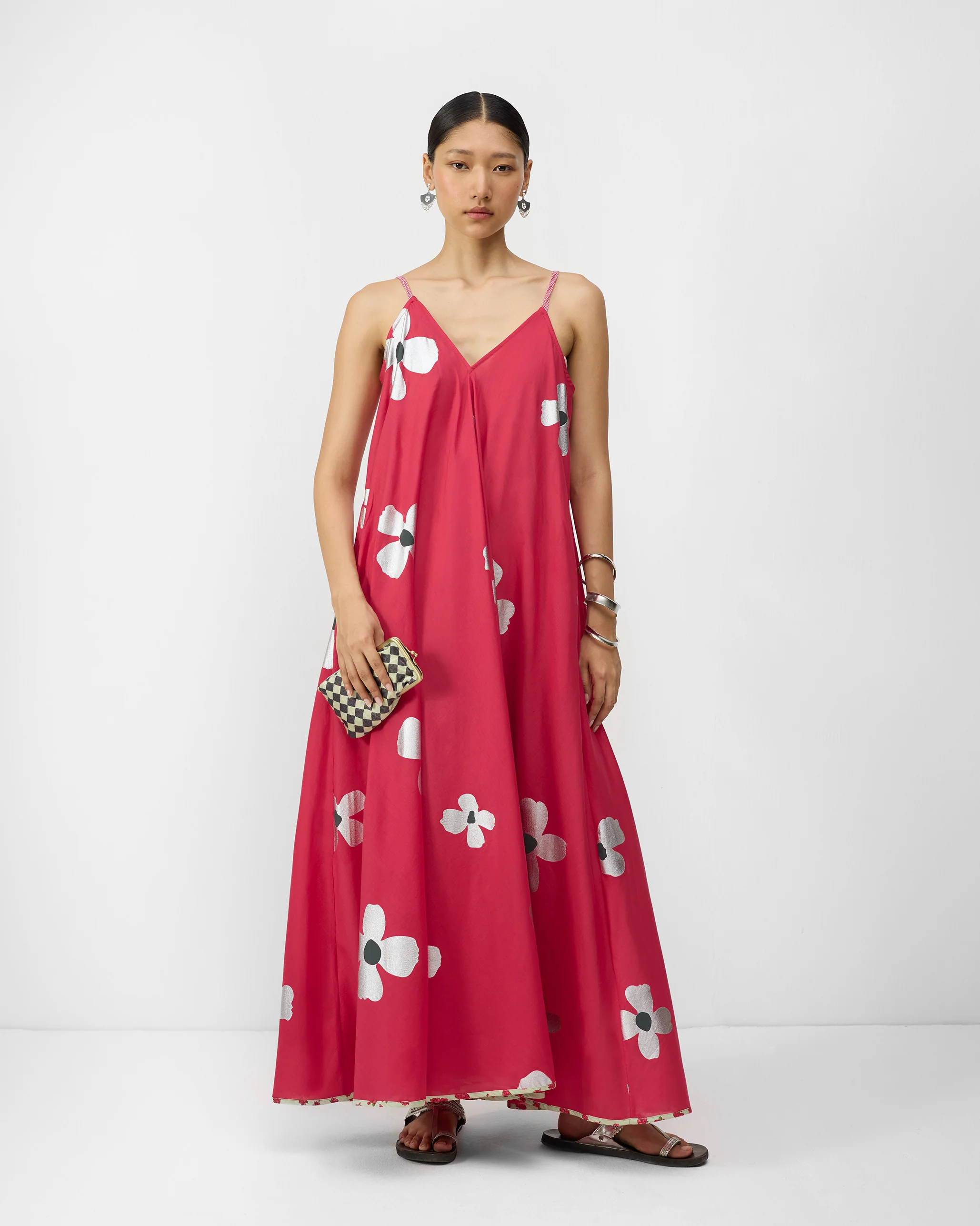 V-Neck Strappy Dress - Watermelon & Silver Print - Image 6