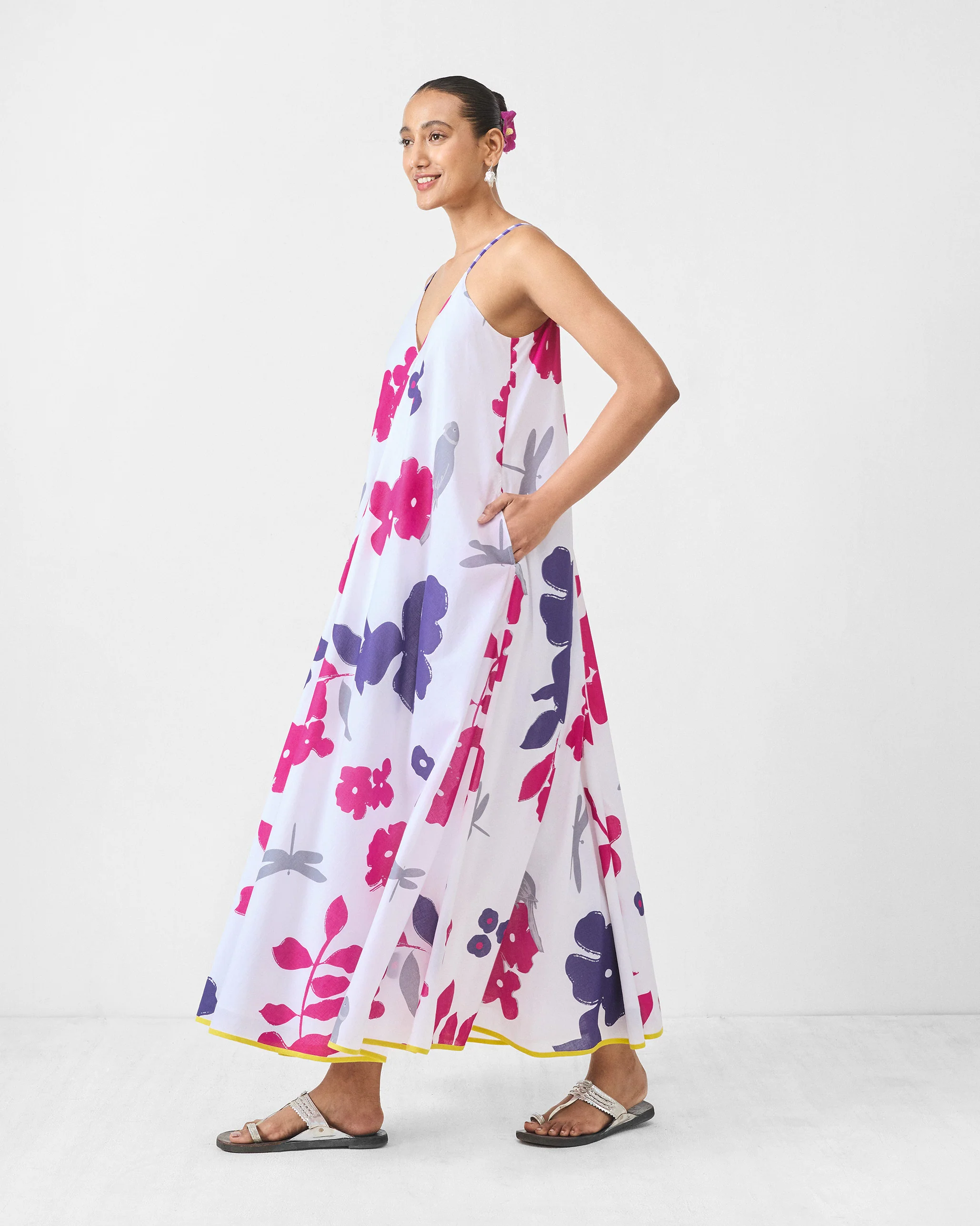 V-Neck Strappy Dress - White & Purple Printed - Image 3