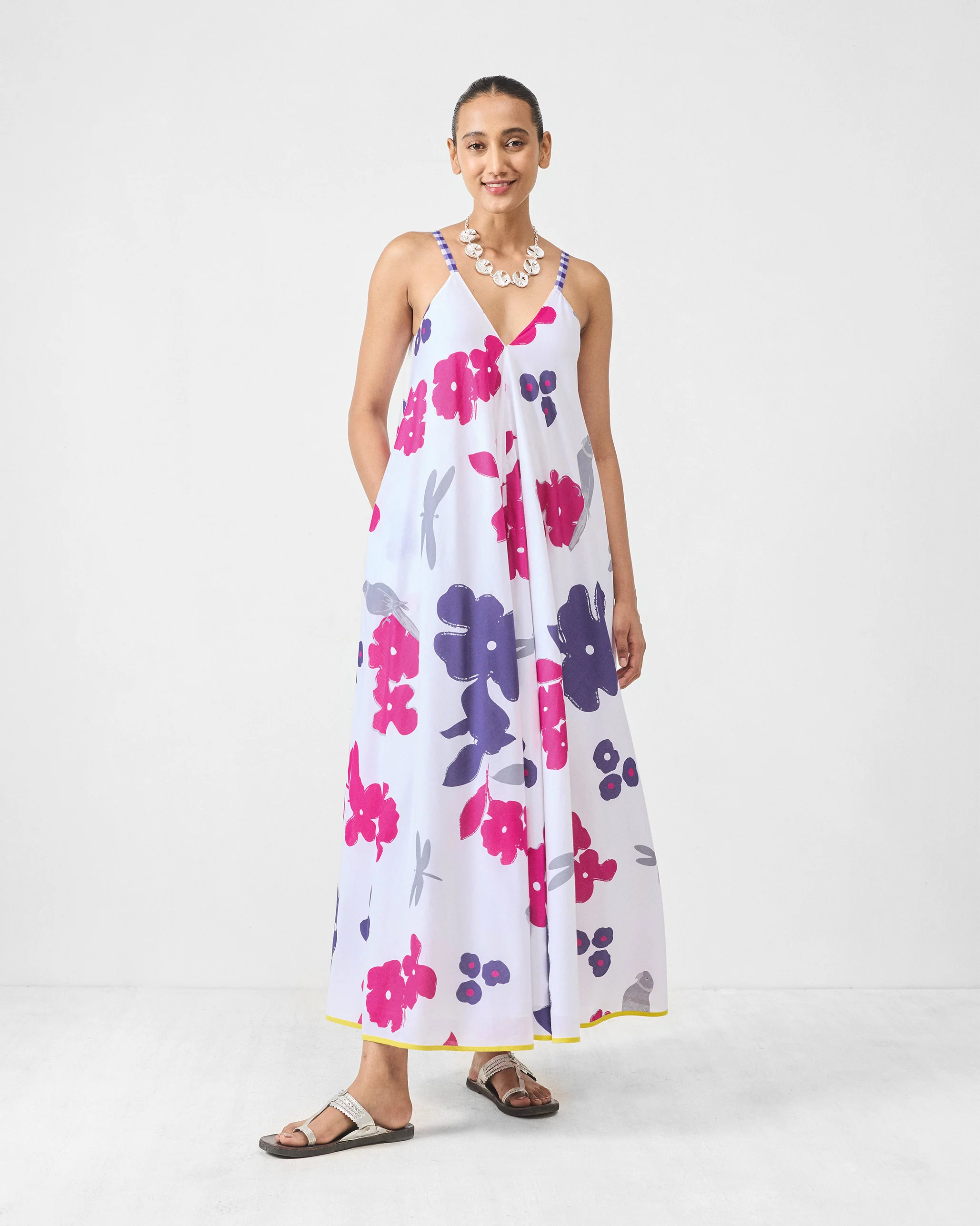 V-Neck Strappy Dress - White & Purple Printed - Image 6