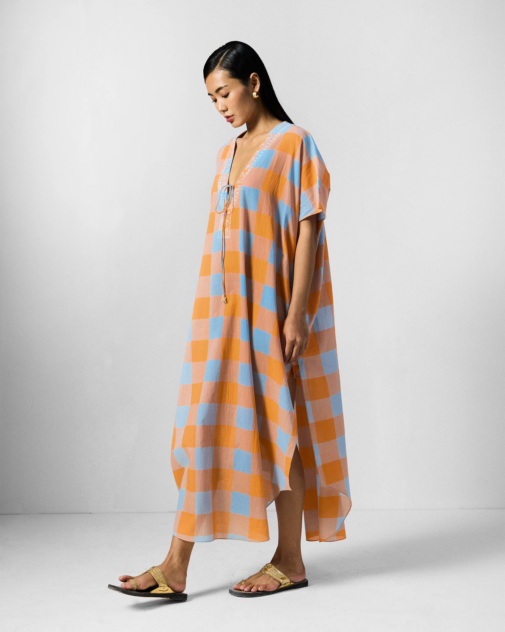Vaya Kaftan - Orange & Ice Blue Checks - Image 3