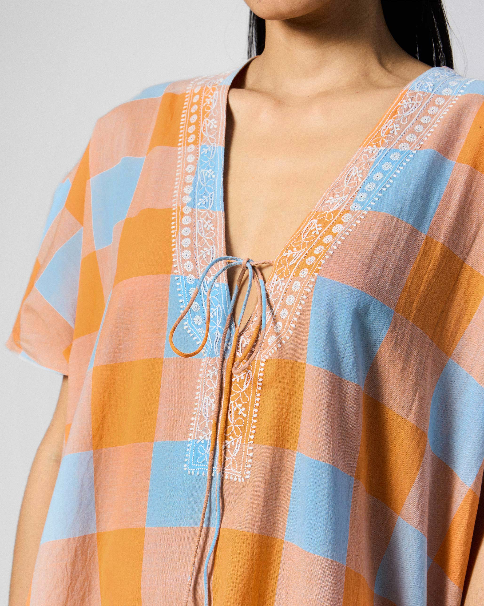 Vaya Kaftan - Orange & Ice Blue Checks - Image 4