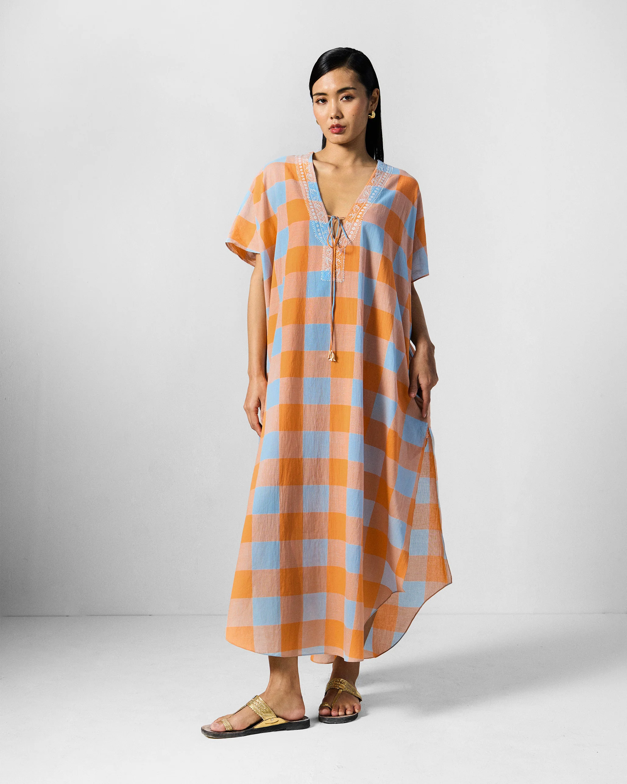 Vaya Kaftan - Orange & Ice Blue Checks - Image 6