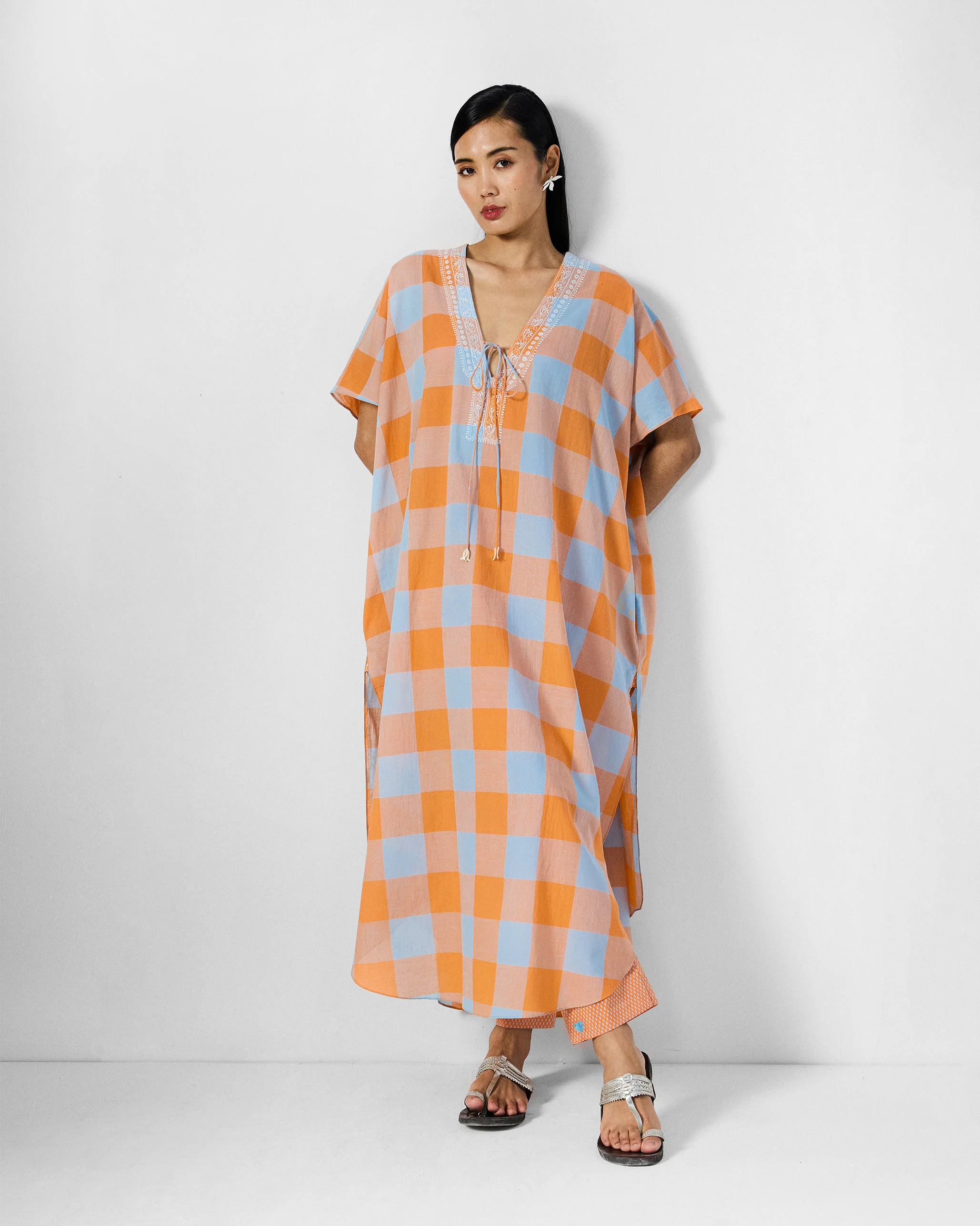 Vaya Kaftan - Orange & Ice Blue Checks - Image 7