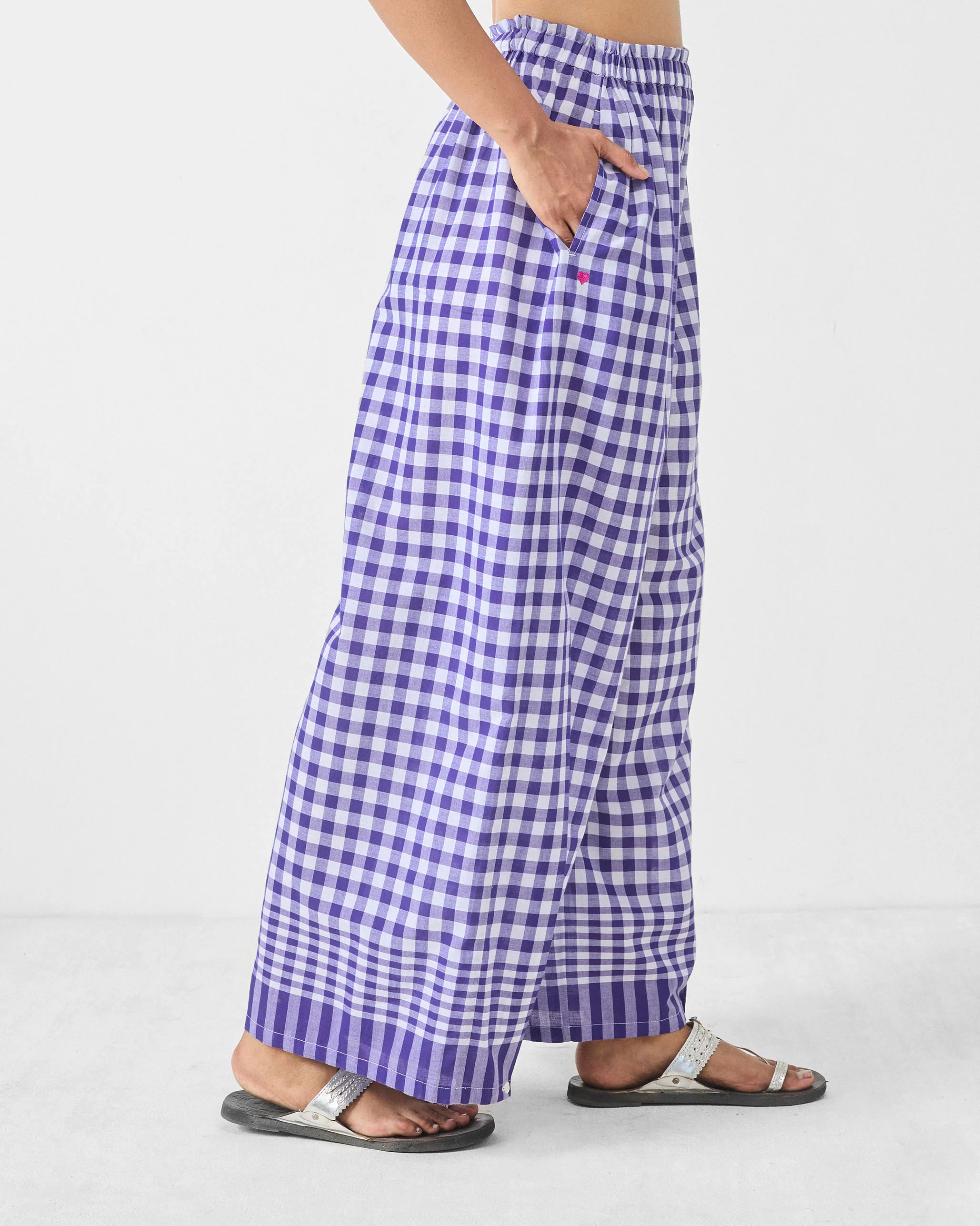 Wide Paper Bag Trousers - Purple & White Checks - Image 3