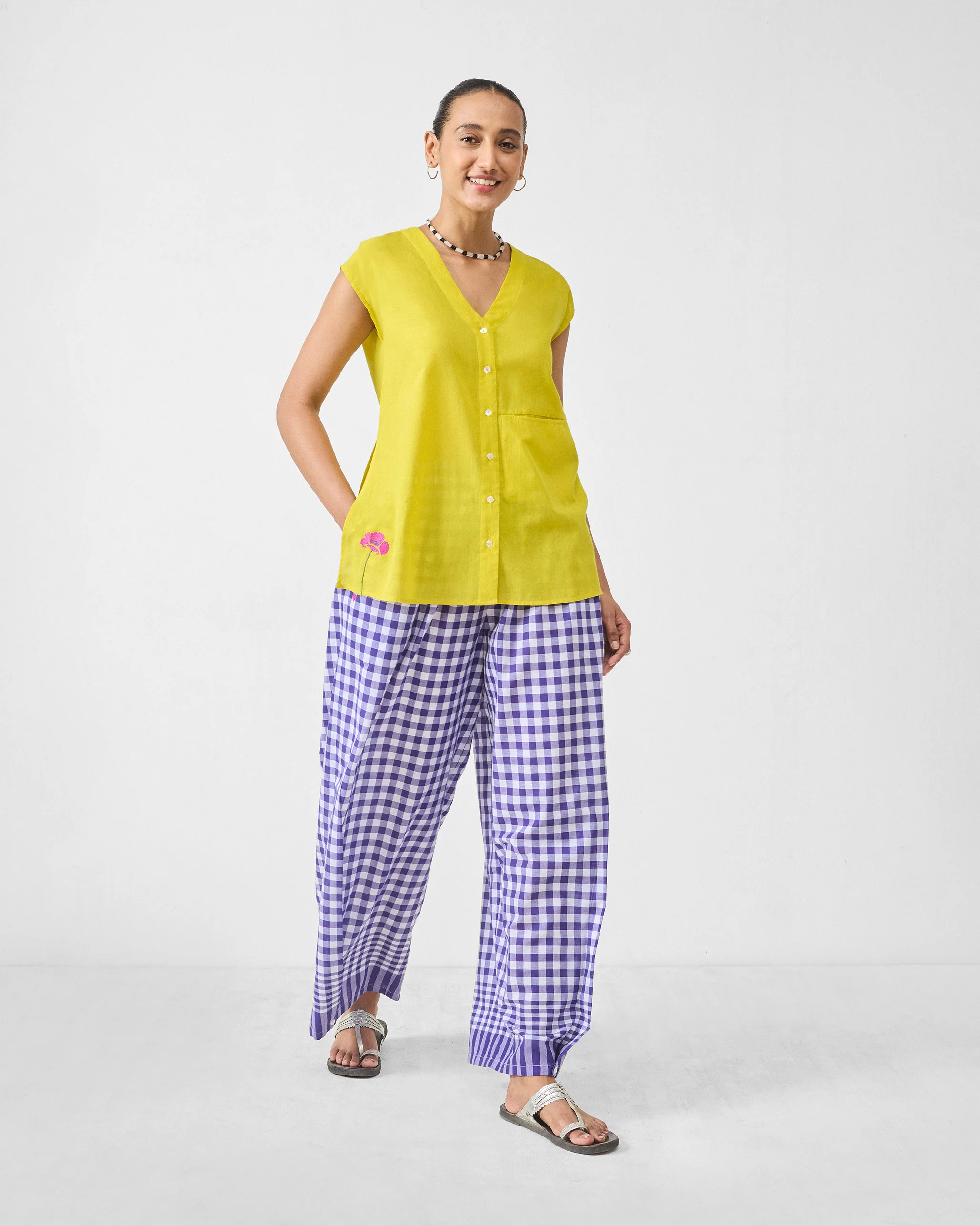 Wide Paper Bag Trousers - Purple & White Checks - Image 6
