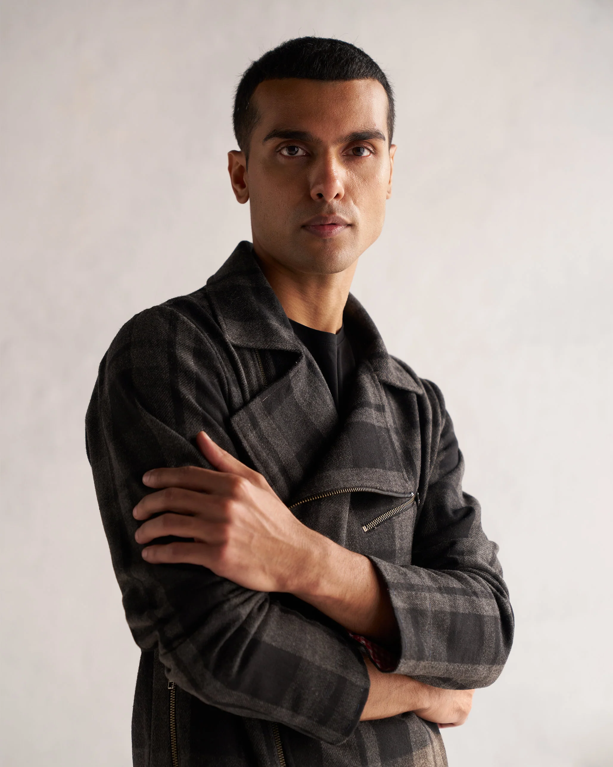 Woollen Knotch Collar Jacket - Black & Grey - Image 2