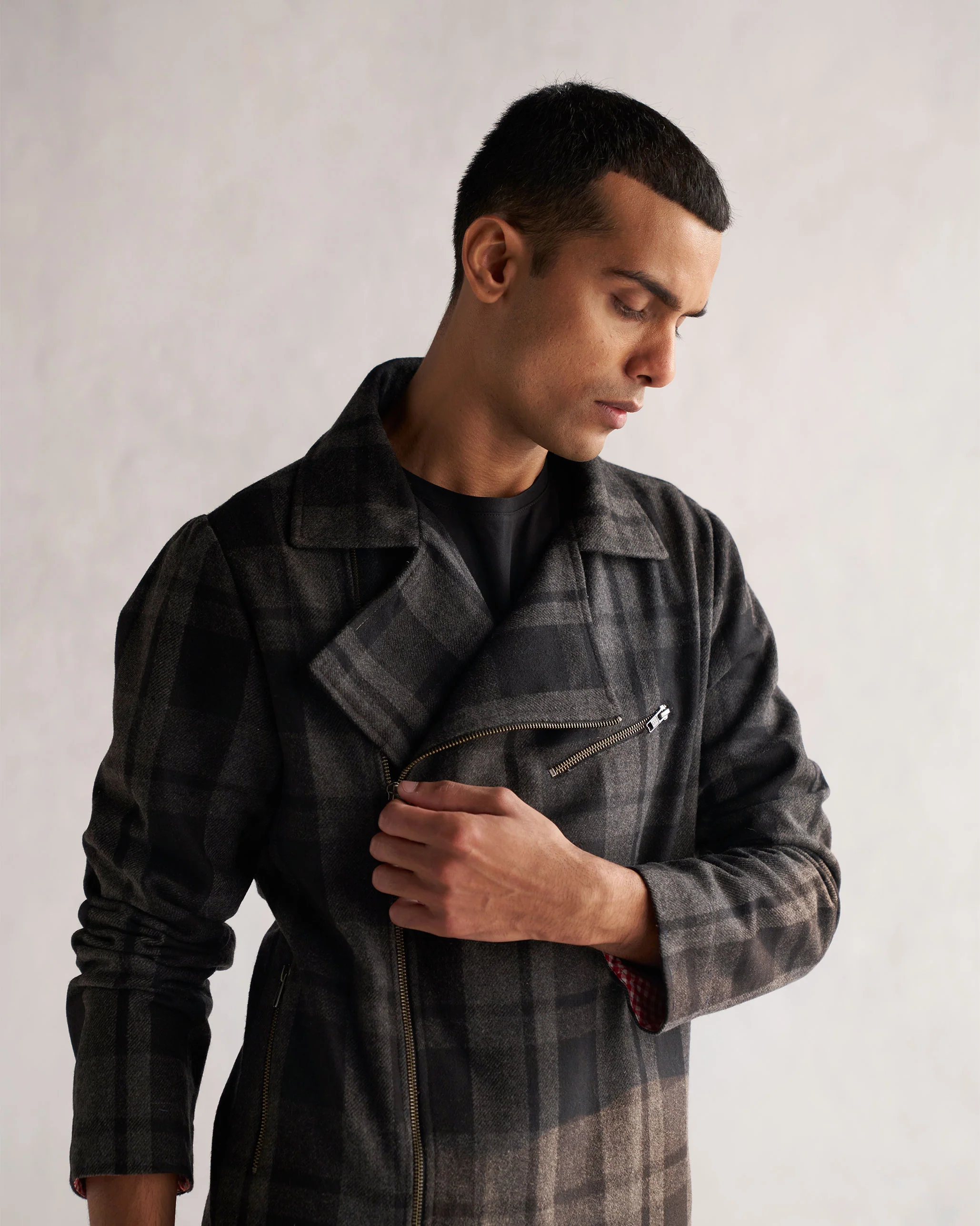 Woollen Knotch Collar Jacket - Black & Grey - Image 4