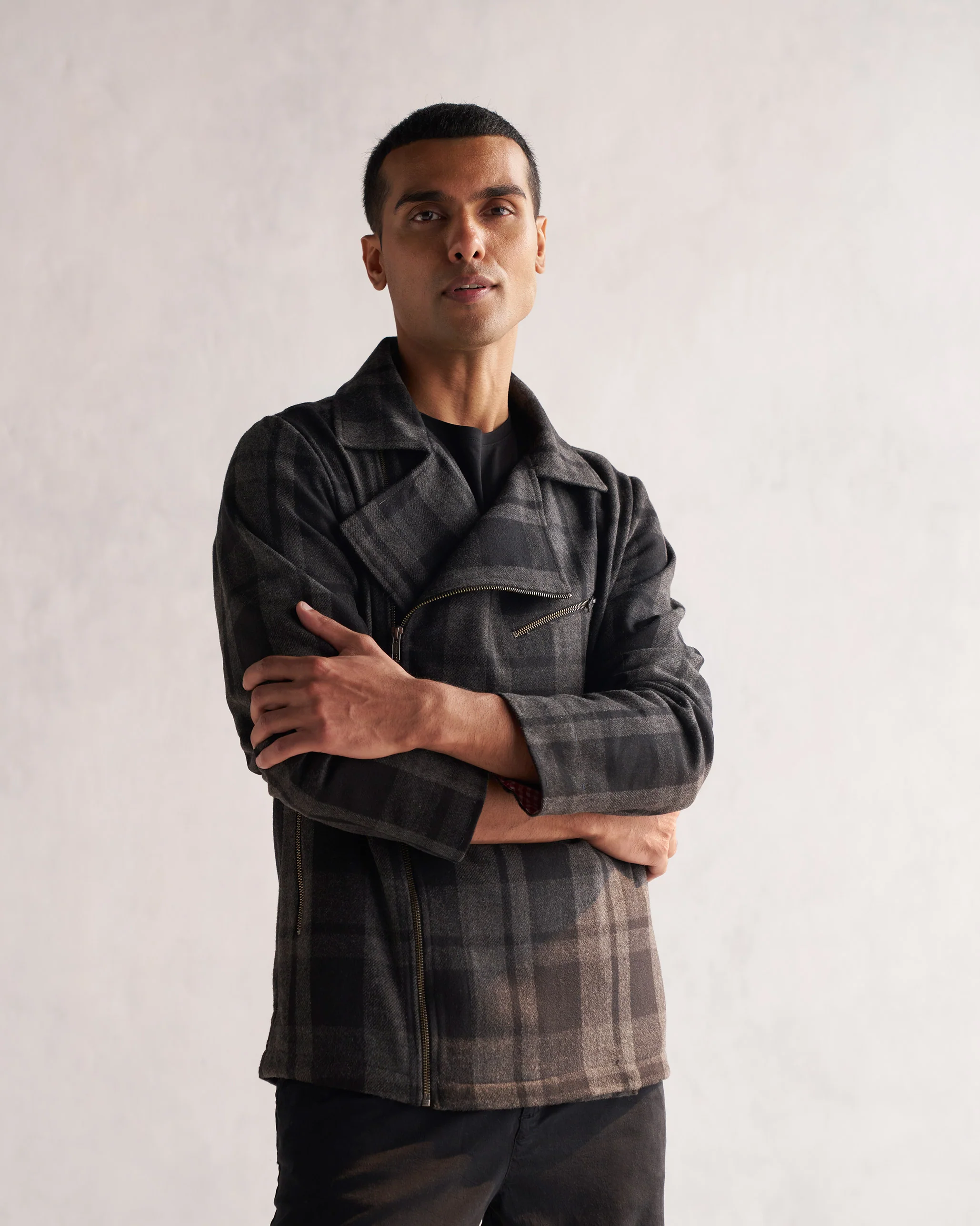 Woollen Knotch Collar Jacket - Black & Grey - Image 6