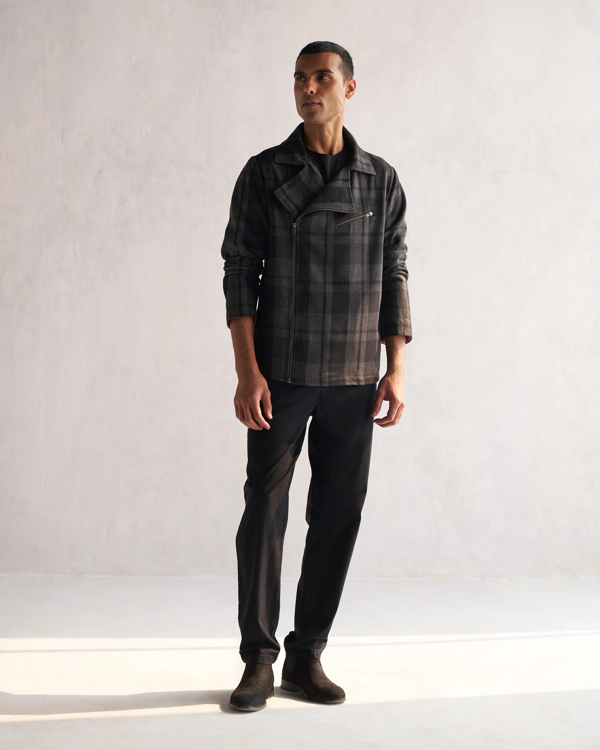 Woollen Knotch Collar Jacket - Black & Grey - Image 7