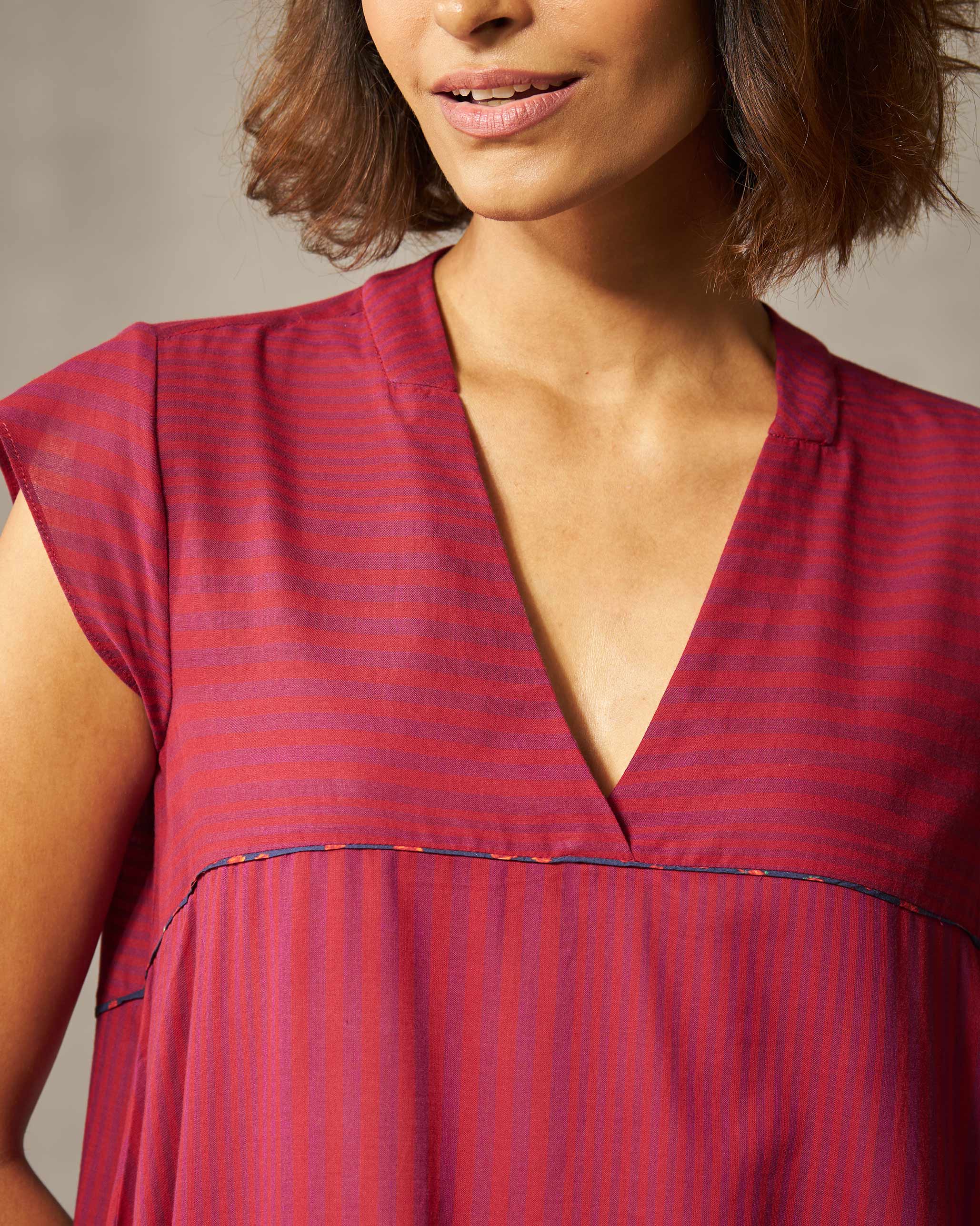 Yoke Kurta - Purple & Red Stripes - Image 3
