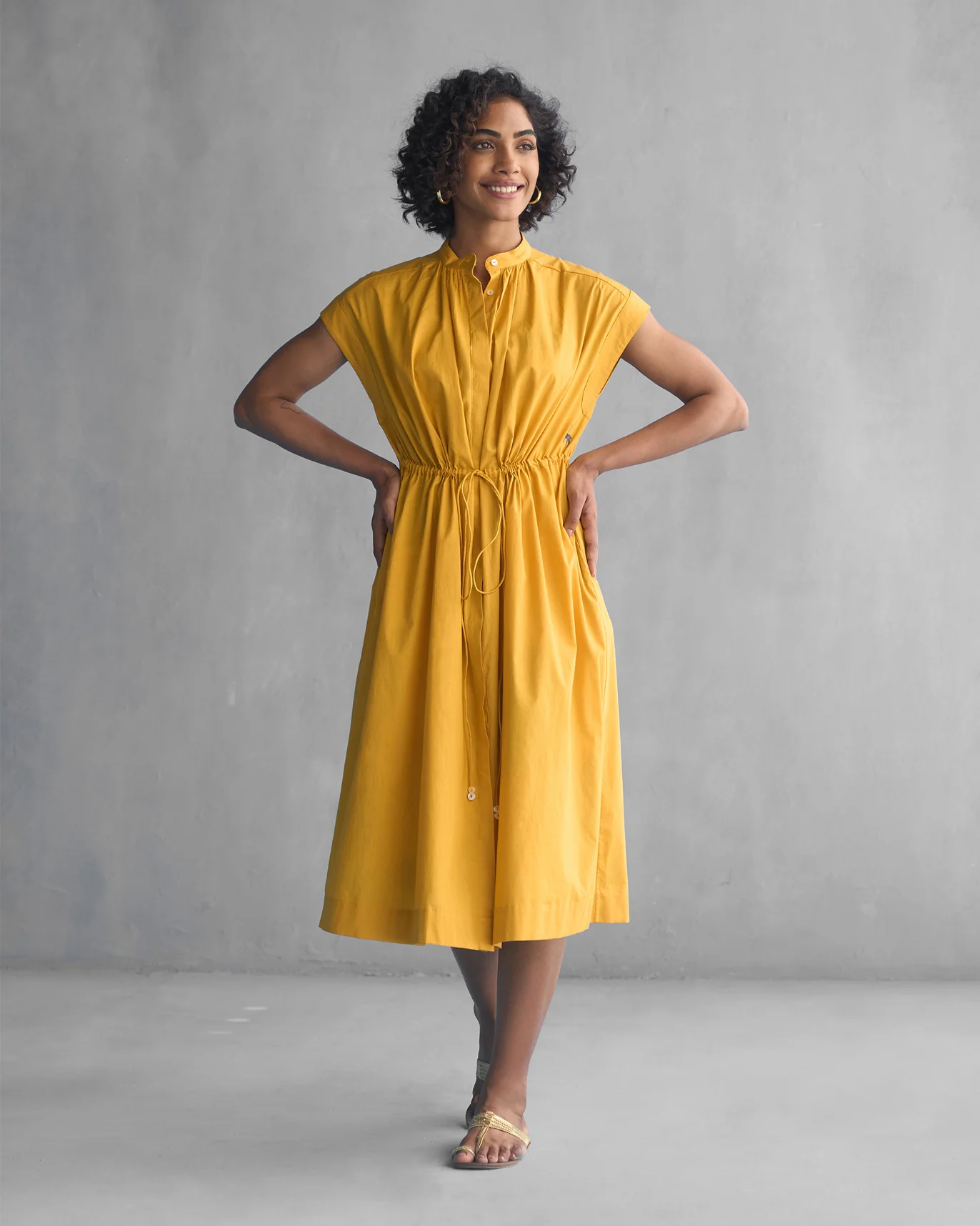 Yoma Drawstring Dress with Slip - Ochre - Image 7