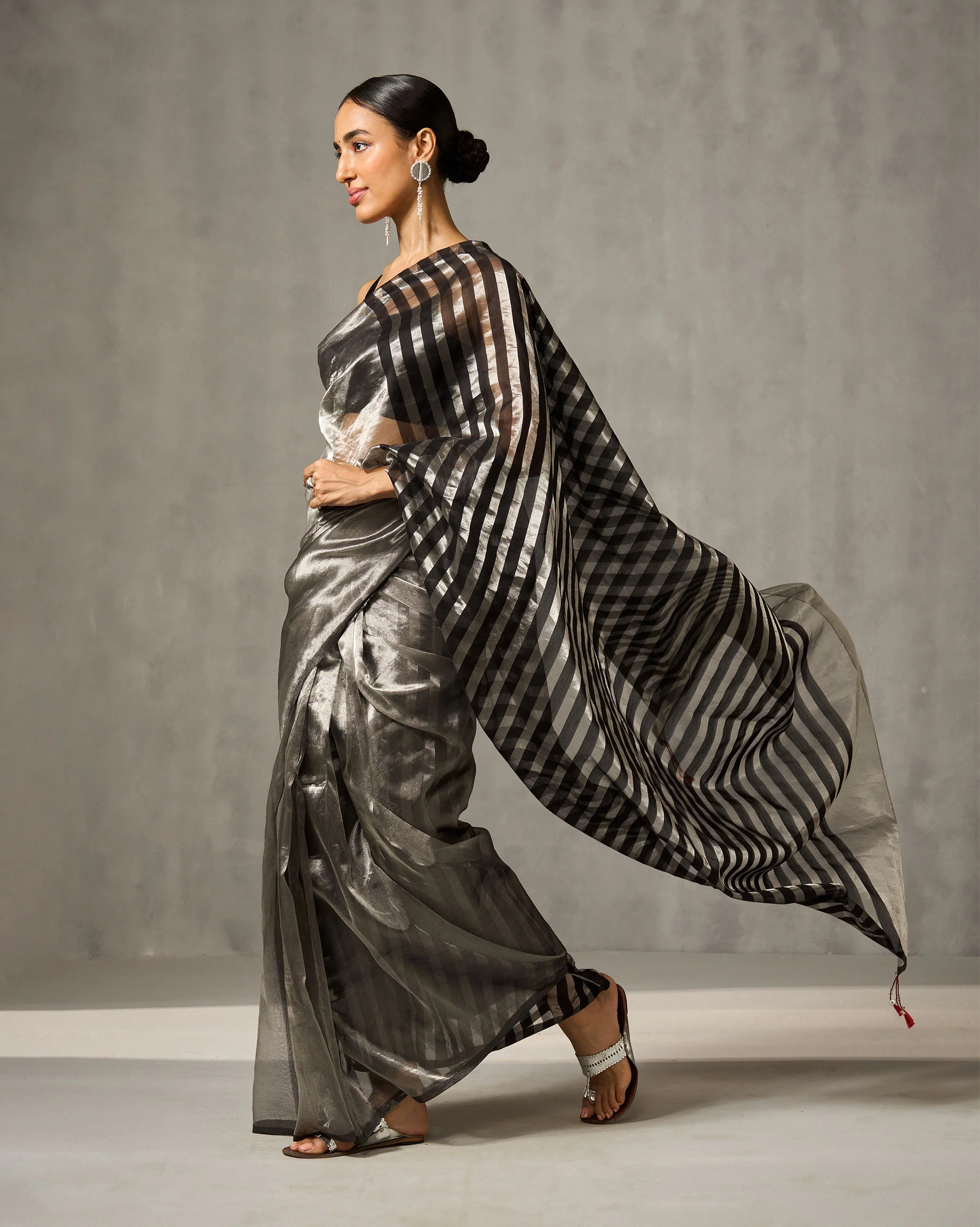Zari Stripe Sari - Silver & Black - Image 2