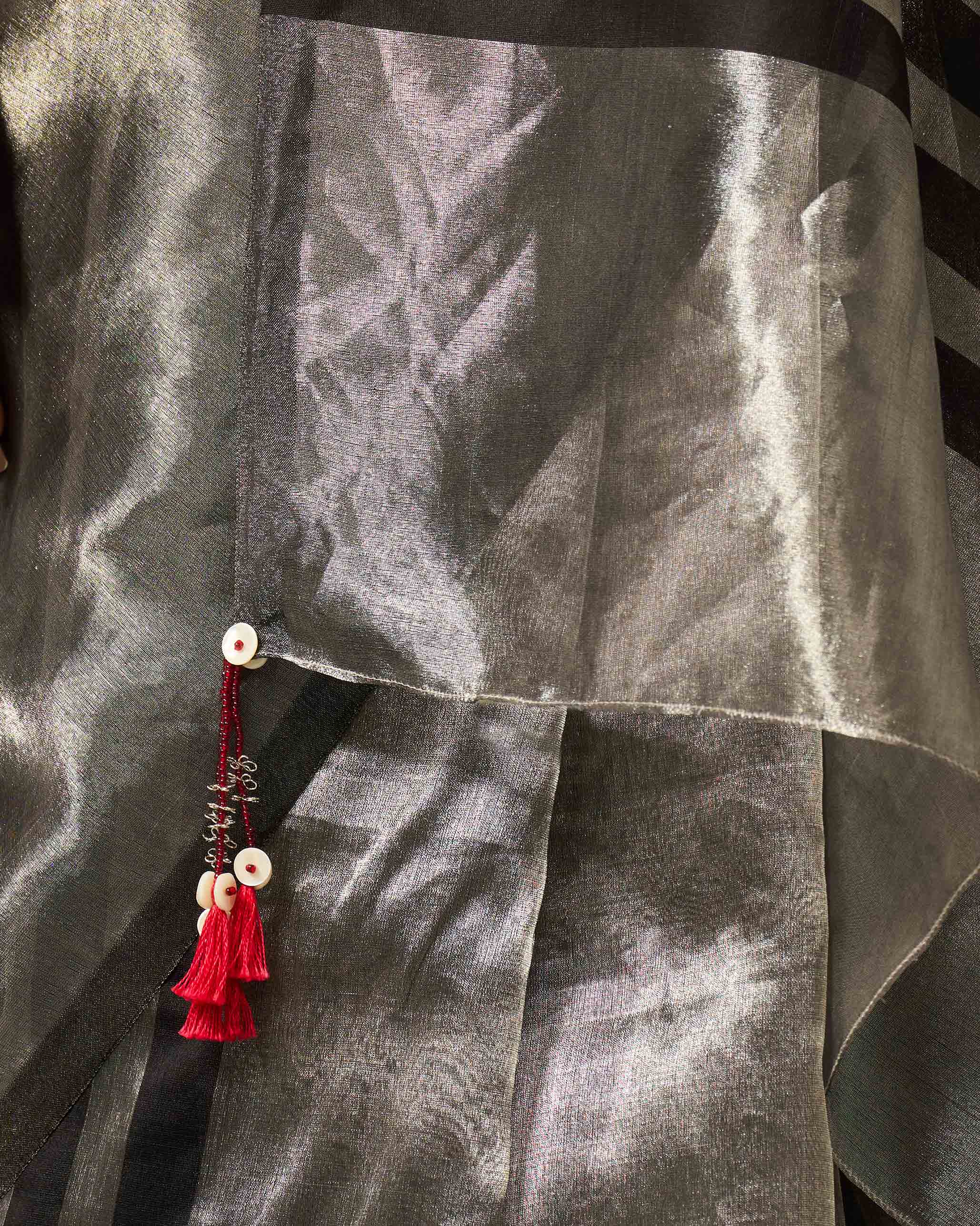 Zari Stripe Sari - Silver & Black - Image 3