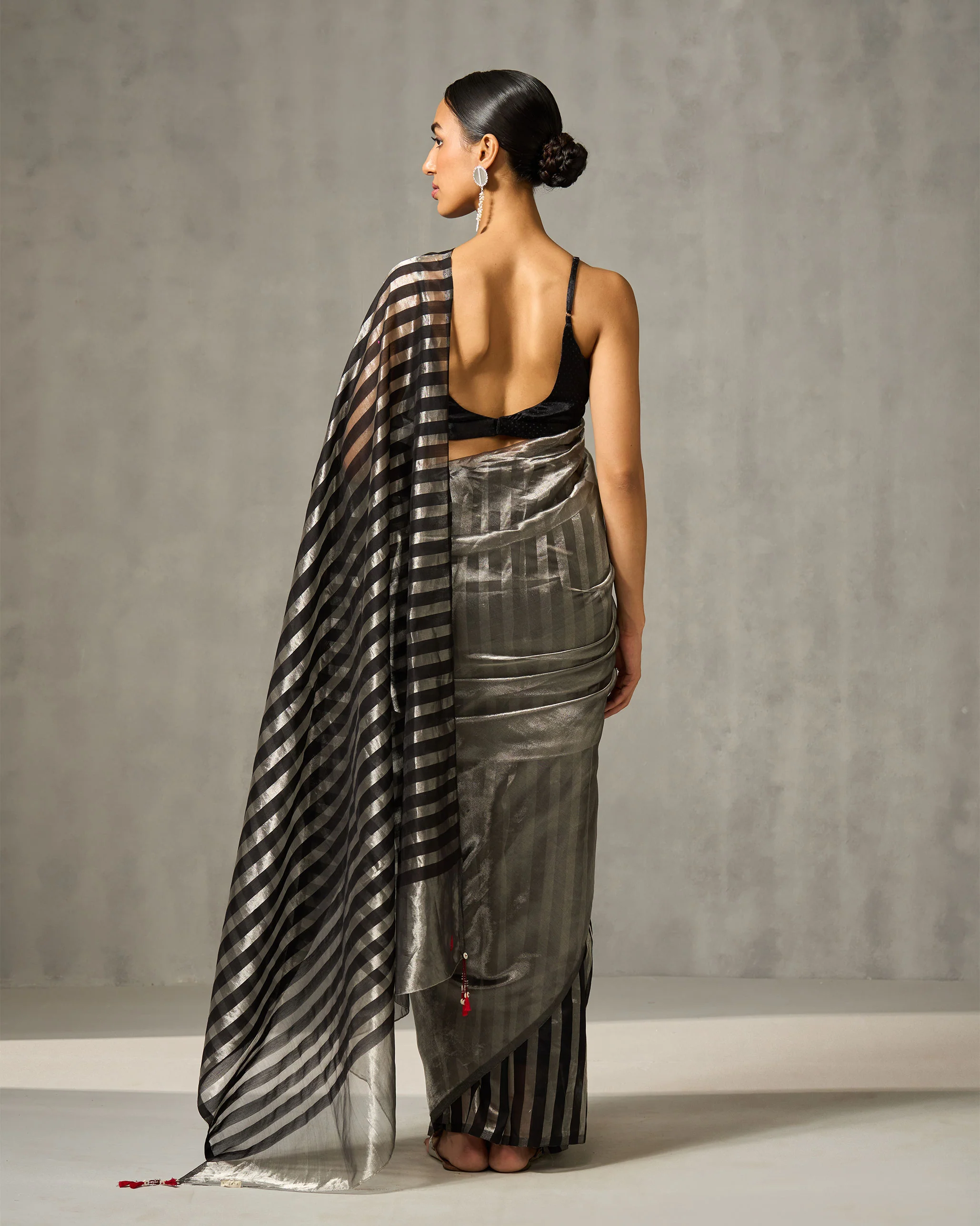 Zari Stripe Sari - Silver & Black - Image 4