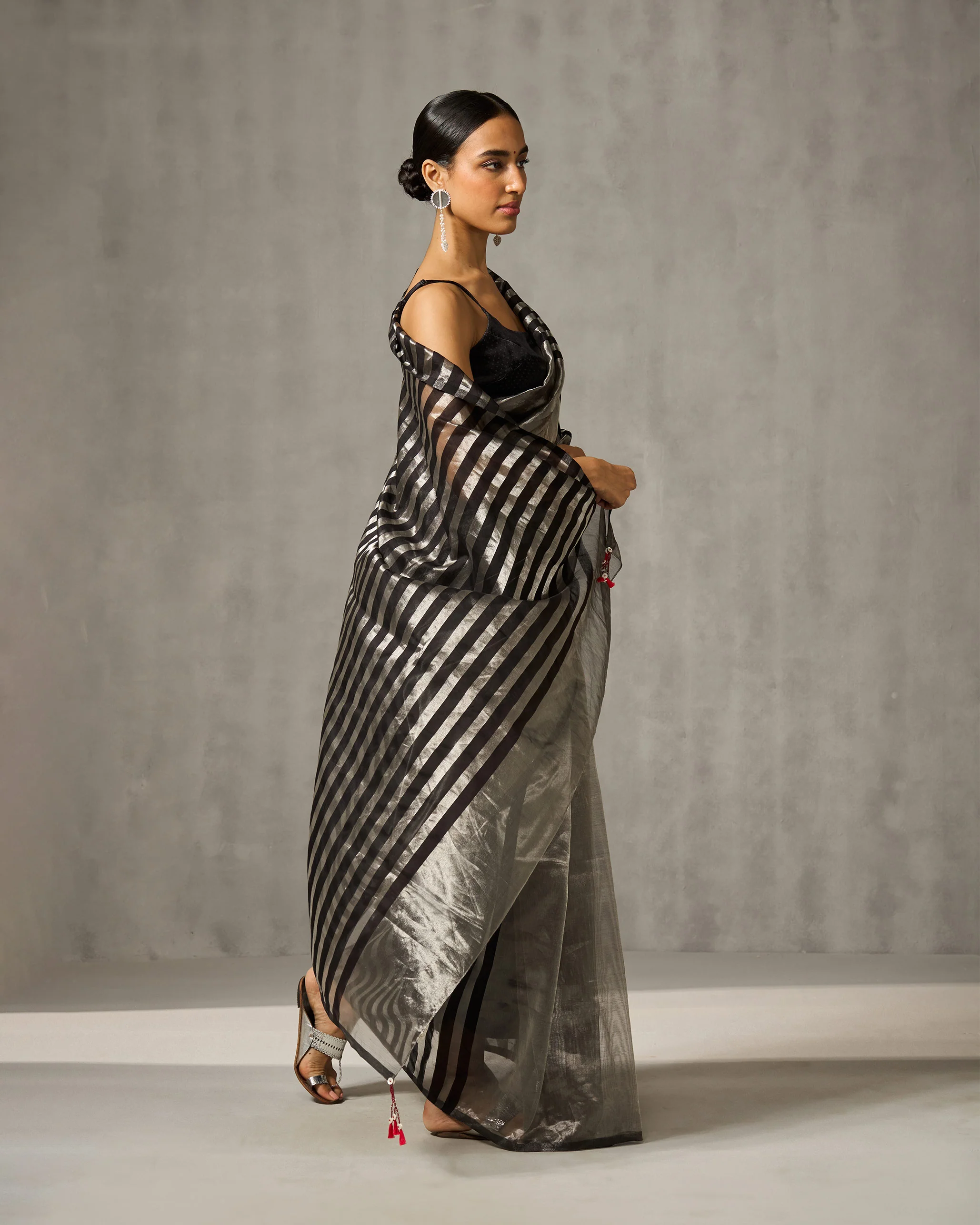 Zari Stripe Sari - Silver & Black - Image 5