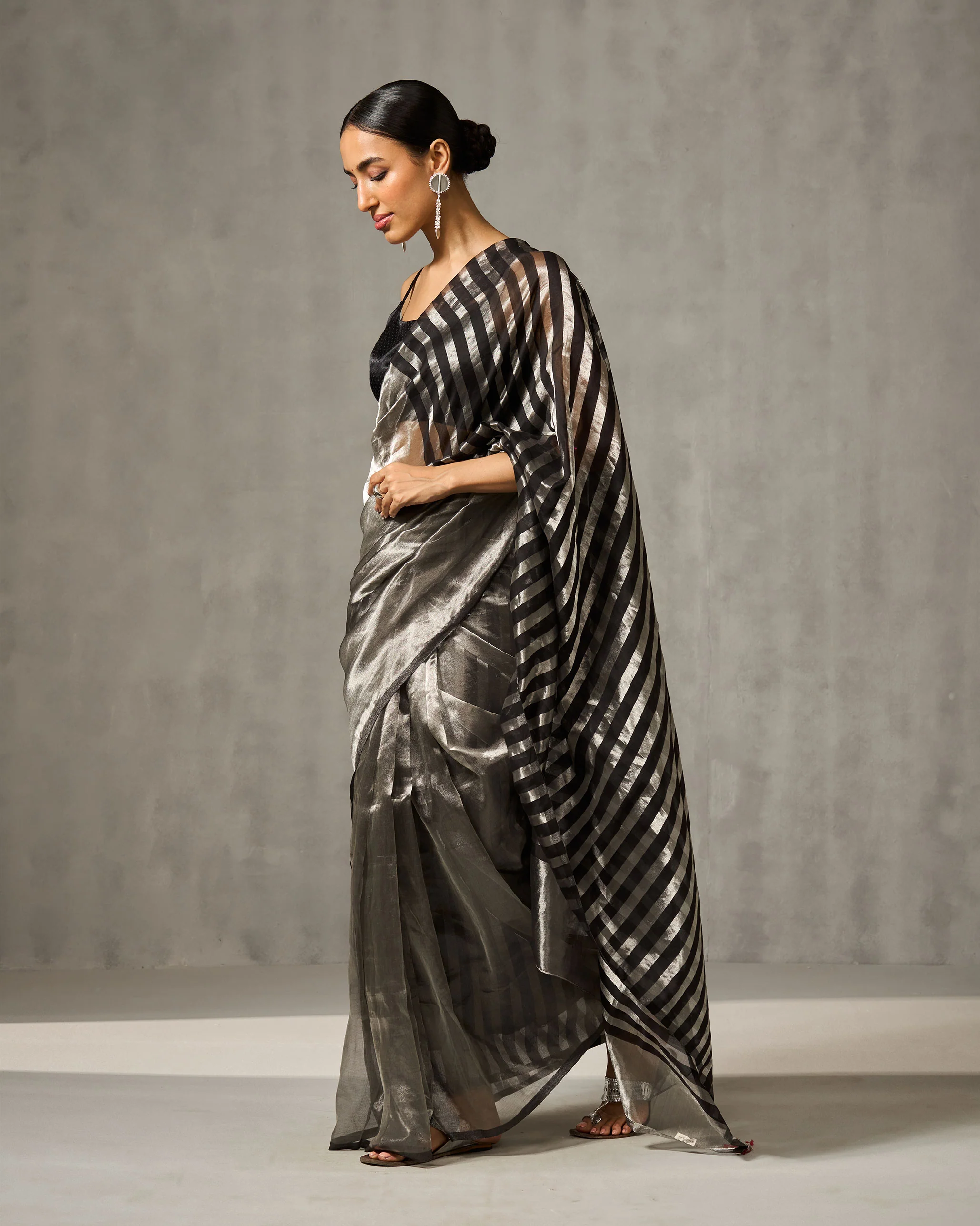 Zari Stripe Sari - Silver & Black - Image 6