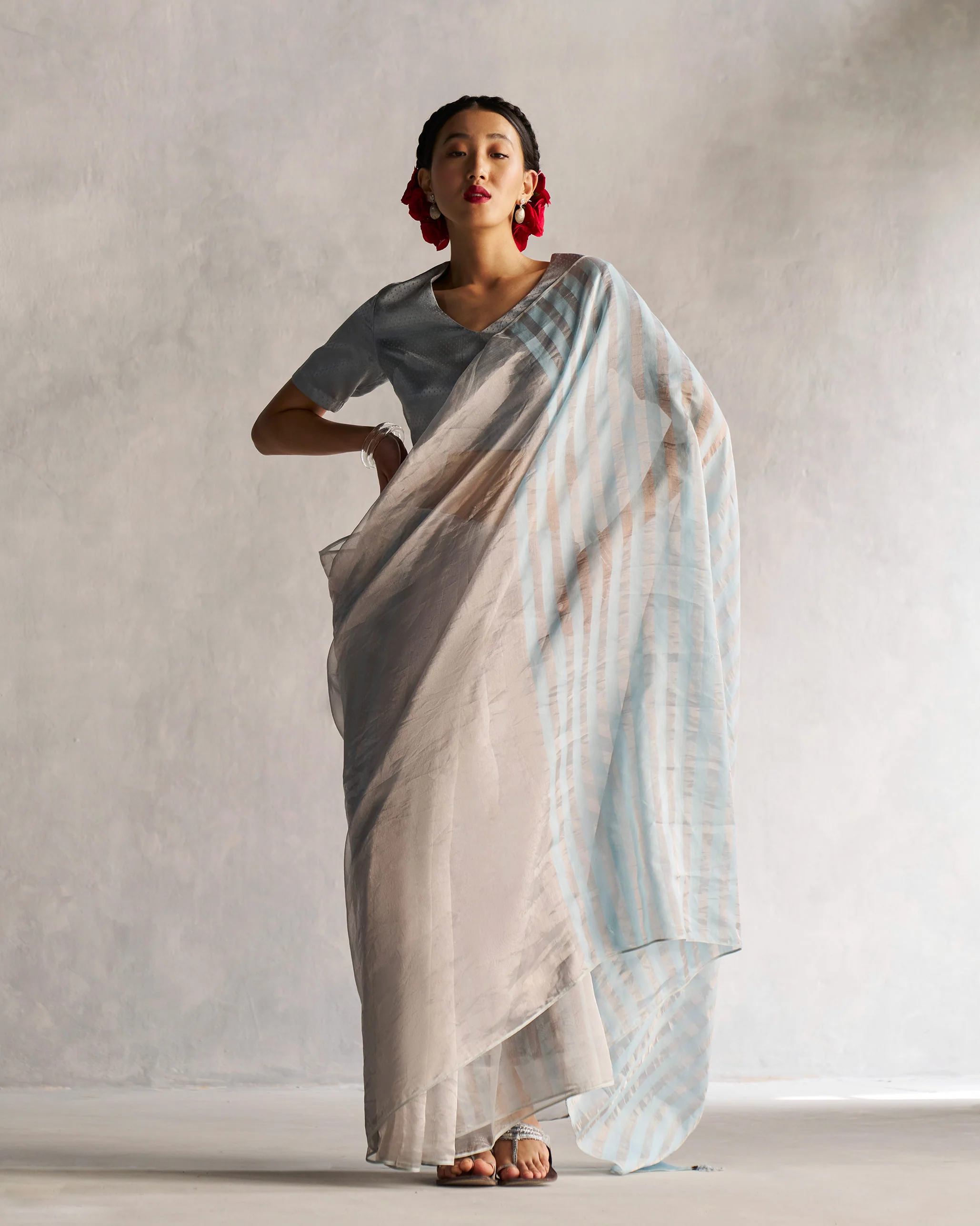 Zari Stripe Sari - Silver & Blue - Image 3