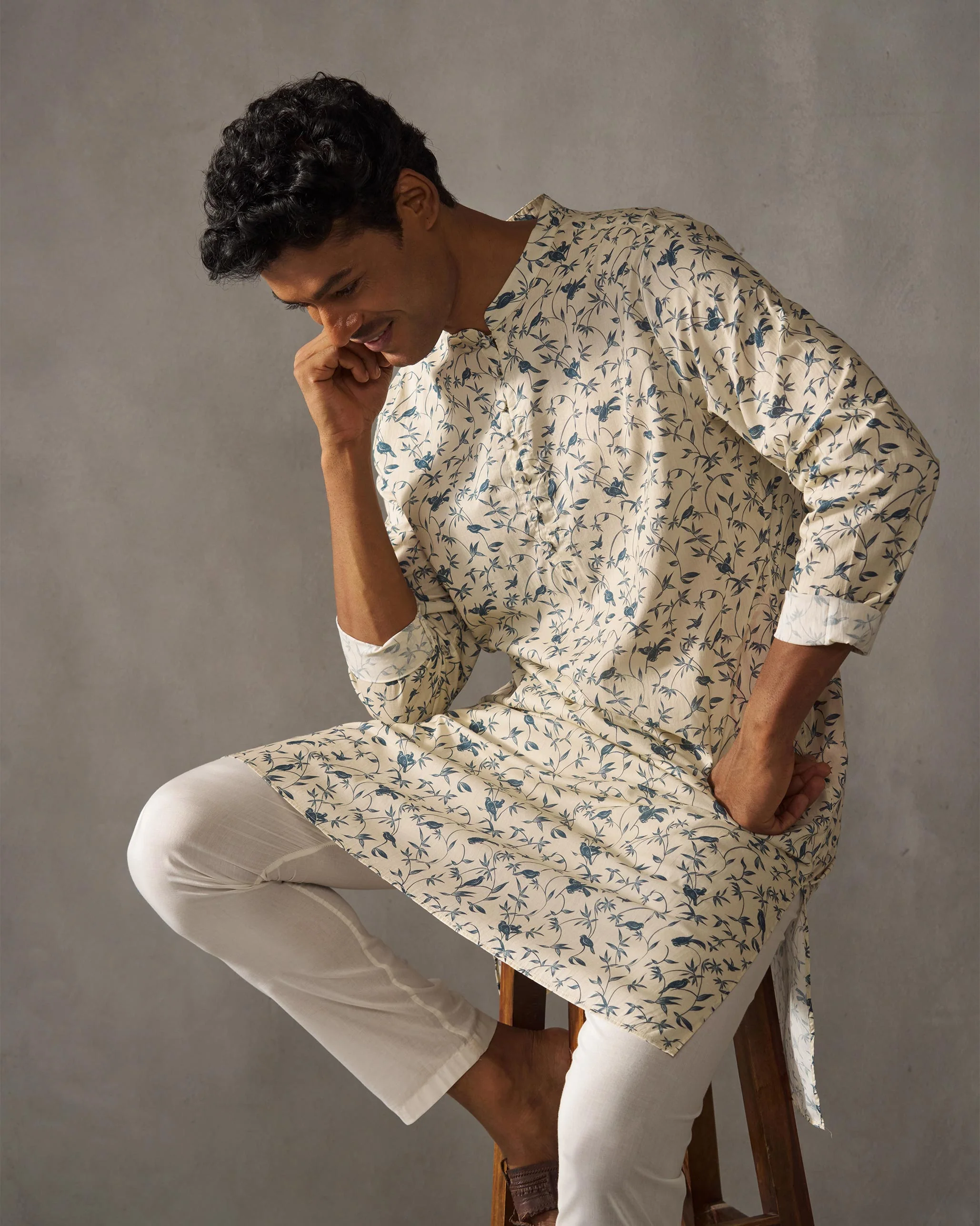 Zenith Kurta - Ivory & Blue Print - Image 6